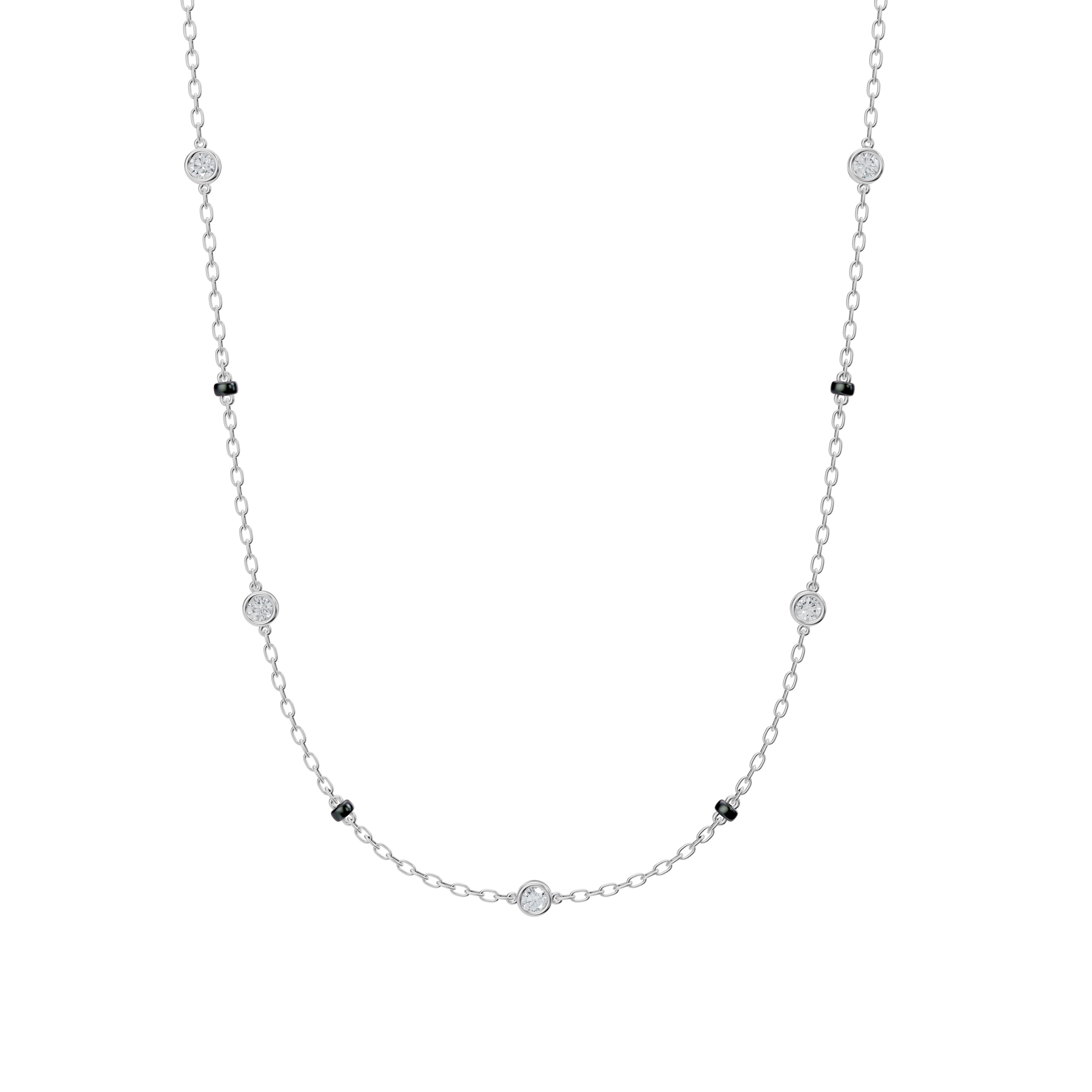 Product image of the Modern mangal Alia Mangalsutra in white gold, featuring a round brilliant diamond pendant suspended from 4-bead spaced dual black bead chains.