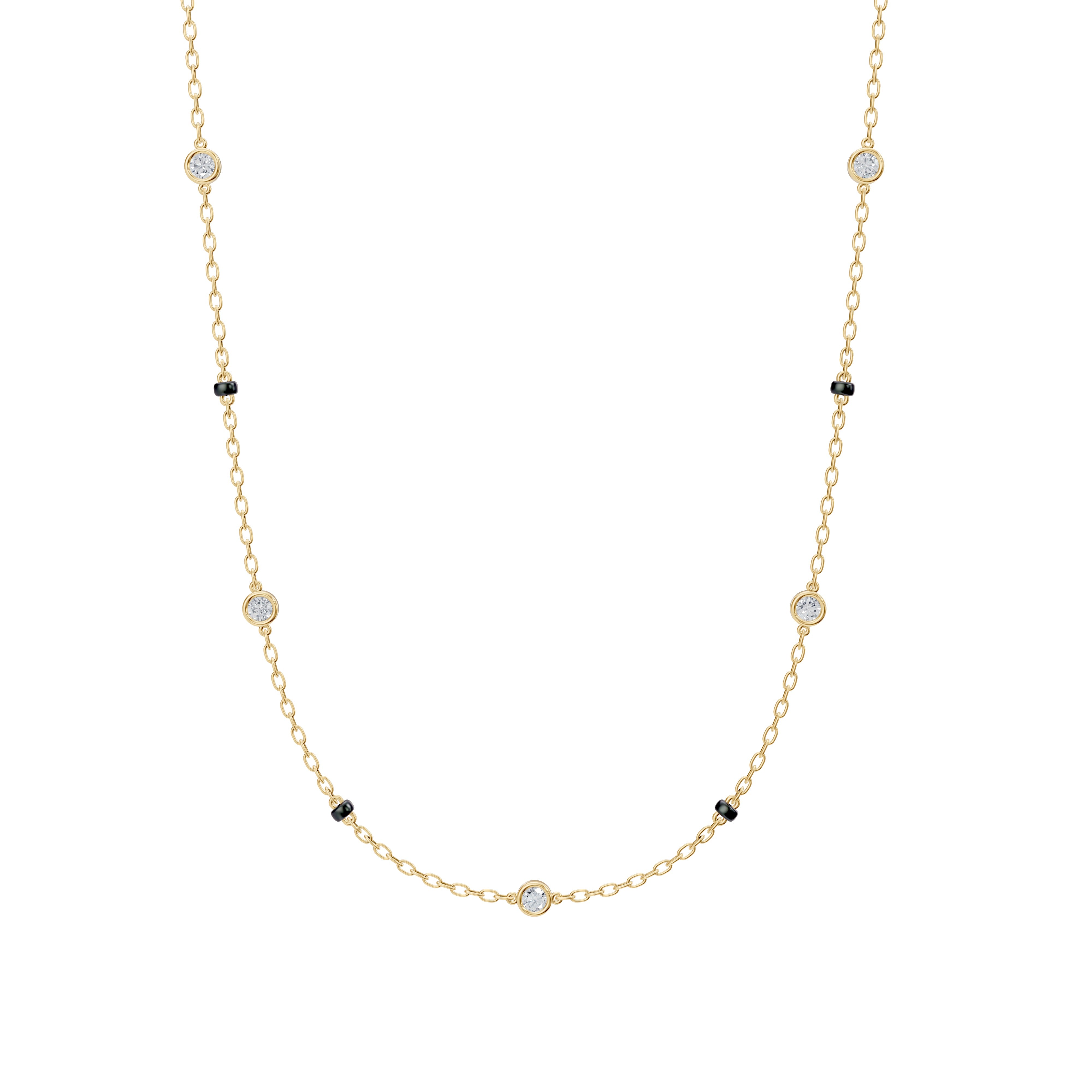  Front view of the Modern mangal Alia Mangalsutra in yellow gold, showcasing a delicate round diamond pendant and dual black bead strands with spaced 4-bead design.