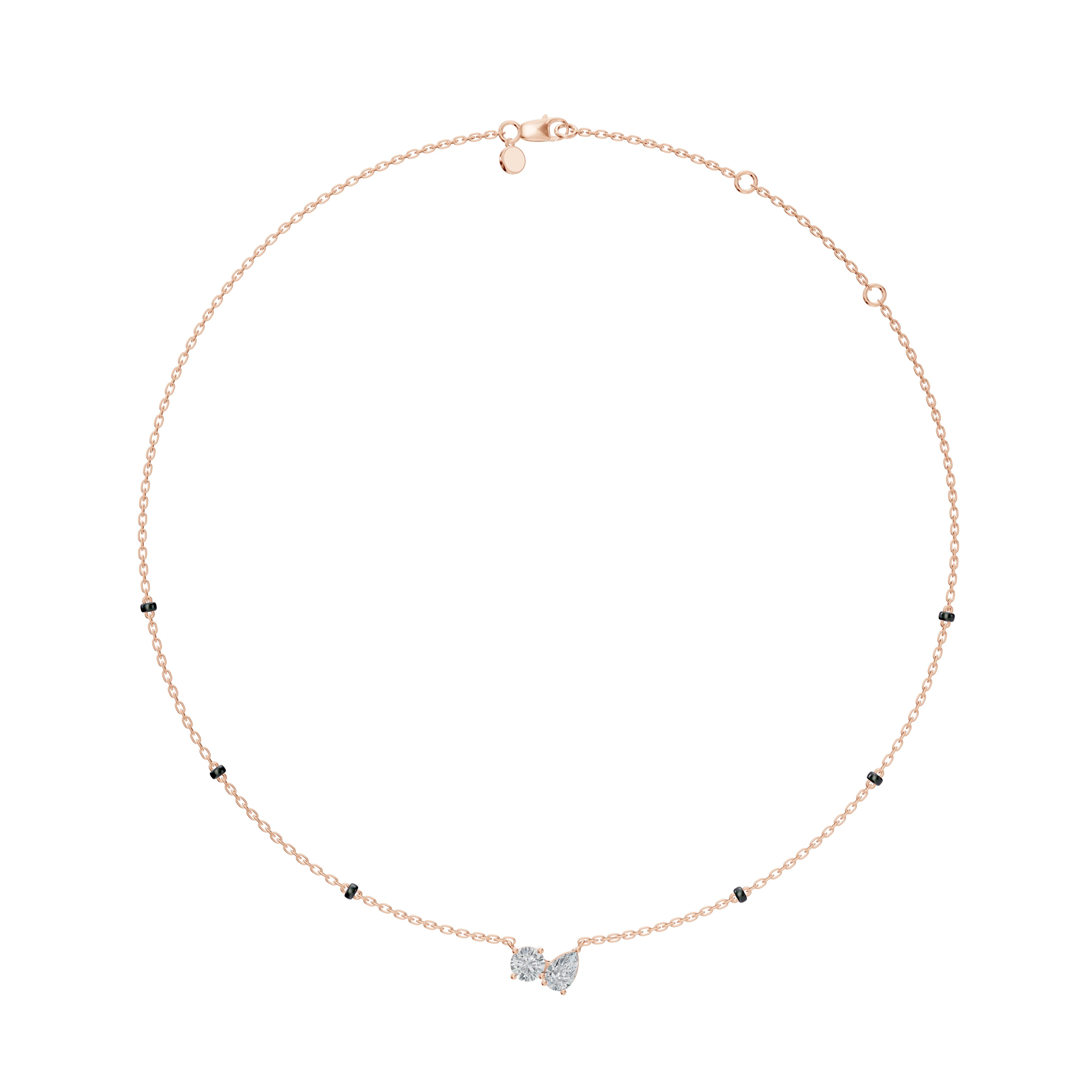 Full necklace view of the Modern mangal Amari Mangalsutra in rose gold, highlighting the spaced black bead strands and the soft blush metal holding two distinctive diamond cuts.