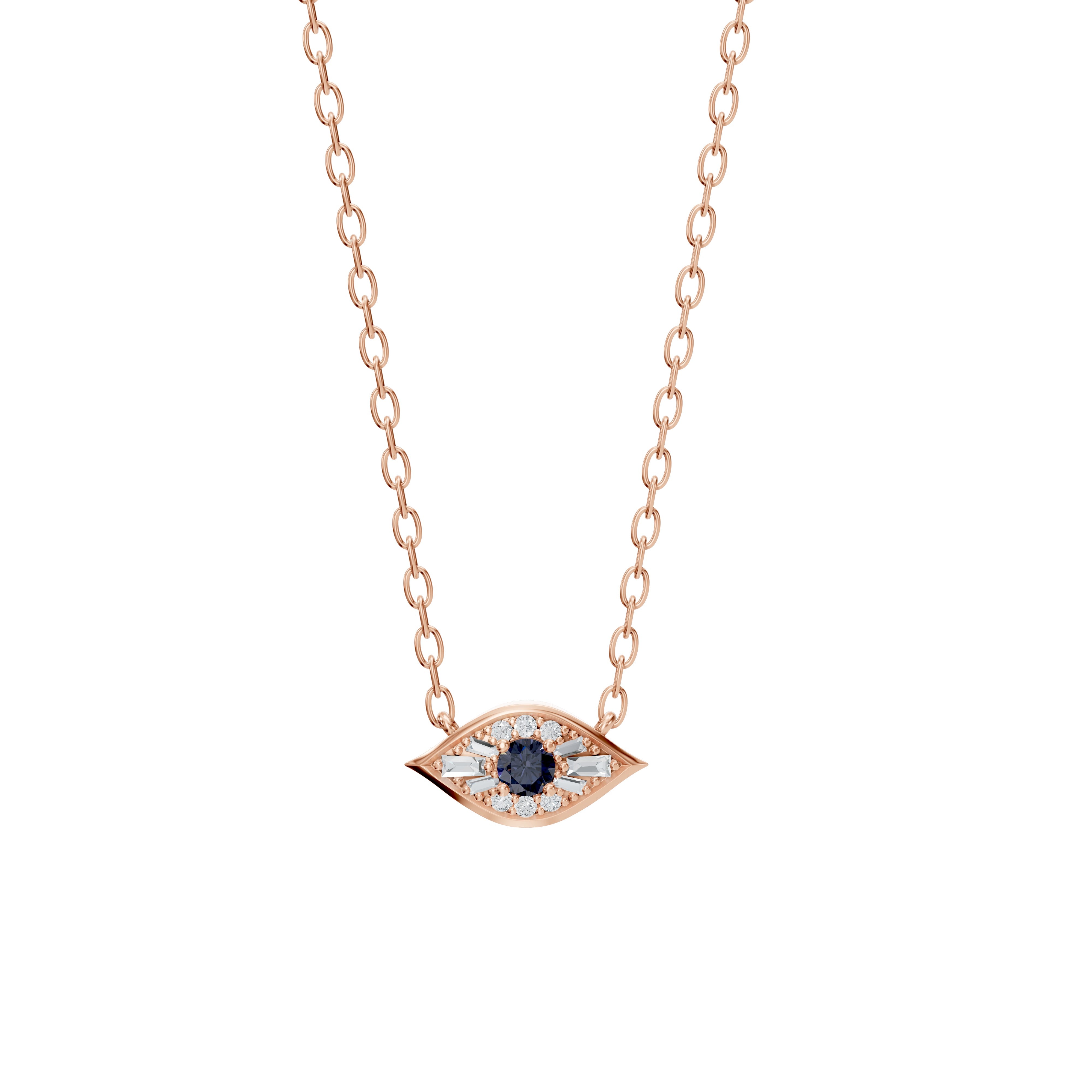 Feminine and luxurious Modern Mangal Amina Necklace in rose gold with a sapphire and diamond evil eye pendant set in soft-toned metal.