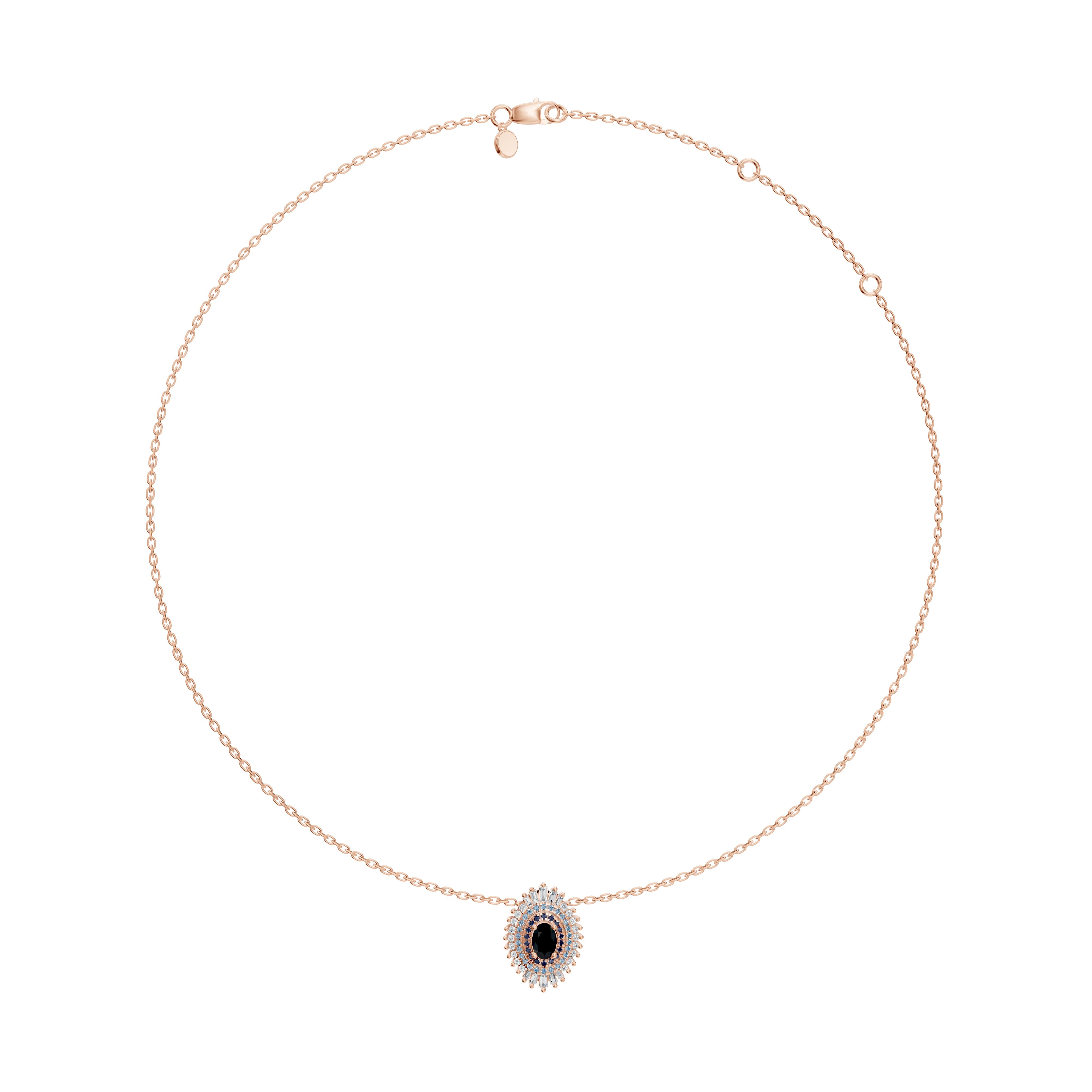 Modern Mangal Elongated view of the Leila Necklace in 18K Rose Gold, combining sacred gemstones black onyx, sapphires, and diamonds for a look that blends divine symbolism and soft femininity.