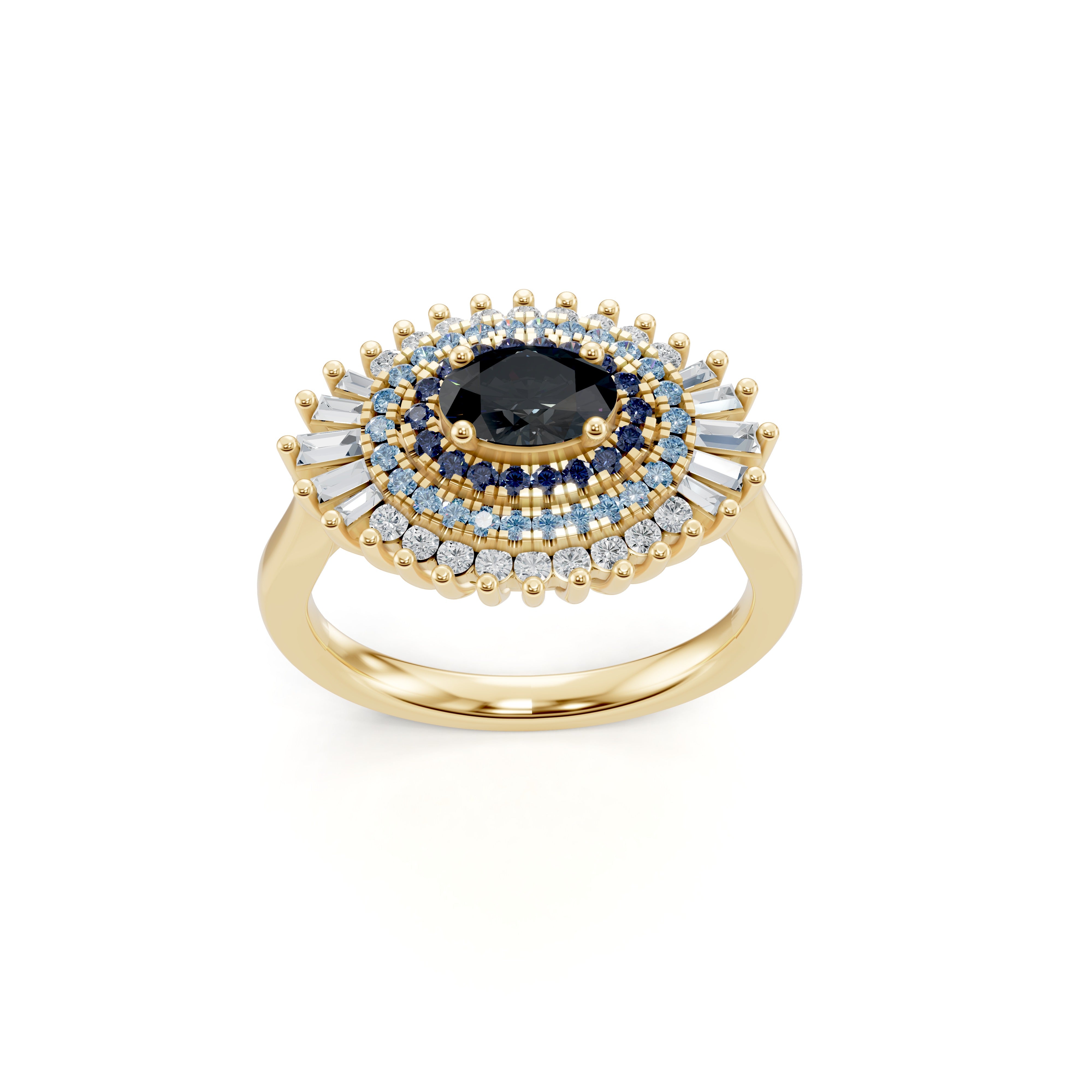 Front angle of the Modern Mangal Safiya Ring in yellow gold showcasing a bold black onyx center surrounded by concentric halos of blue sapphires, lab-grown diamonds, and baguette-cut stones forming a modern evil eye design.