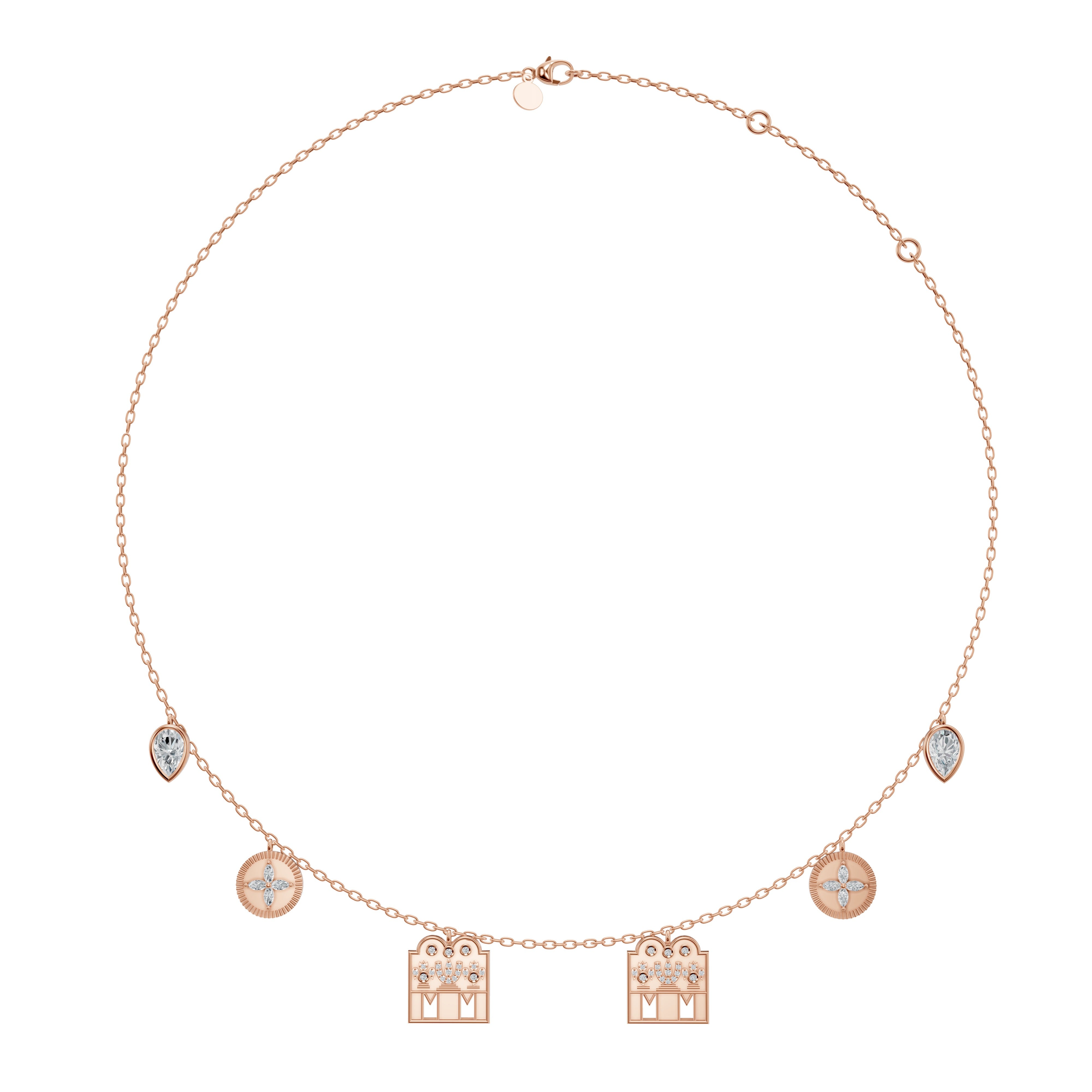 Rose gold Modern Mangal Monica Mangalayam mangalsutra with twin diamond Shivlings and marquise flower coin charms blending Tamil thaali tradition with a warm, romantic hue.