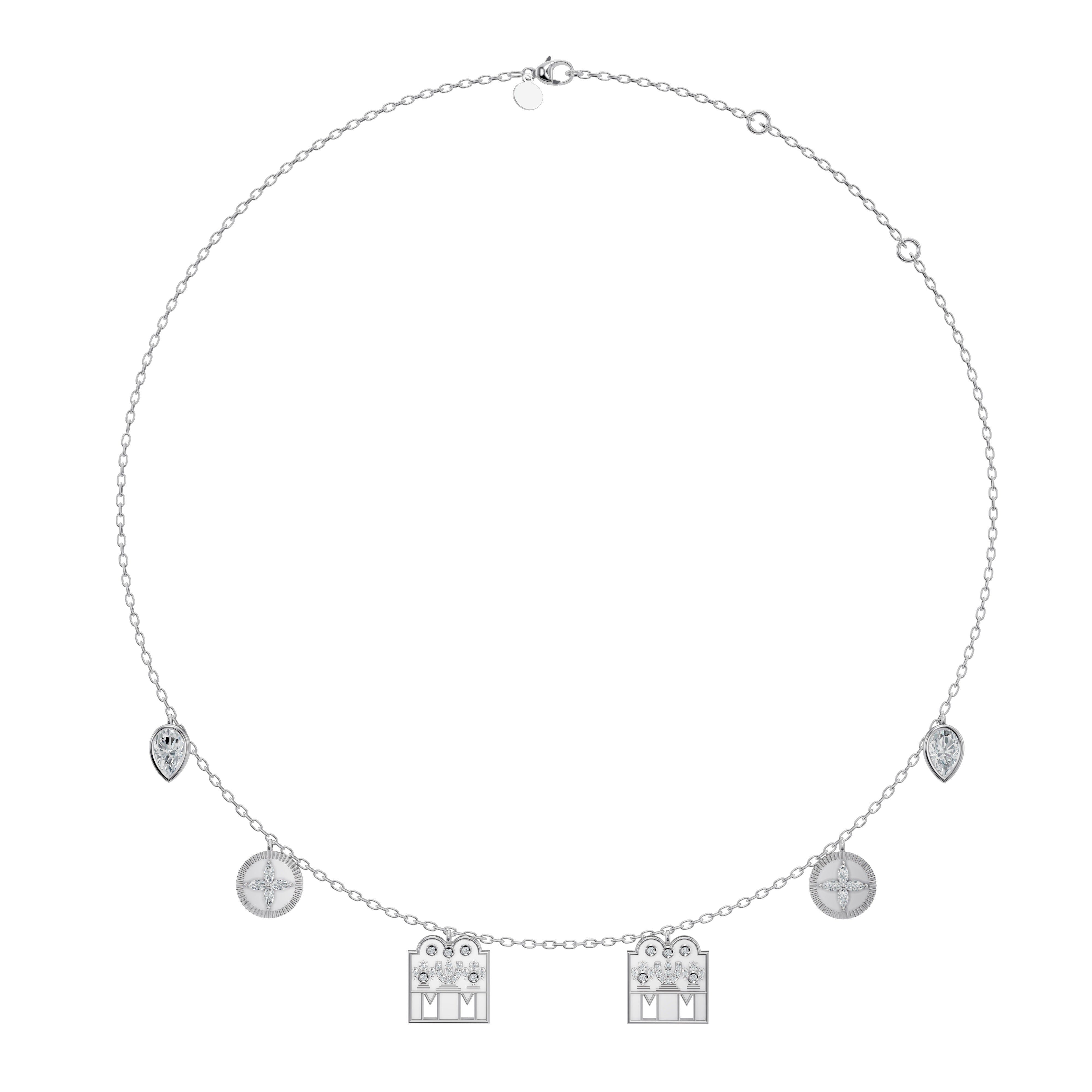 White gold Modern Mangal Monica Mangalayam mangalsutra with dual diamond-encrusted Shivling charms and marquise-cut coin motifs celebrating Tamil marriage symbolism in a modern design.