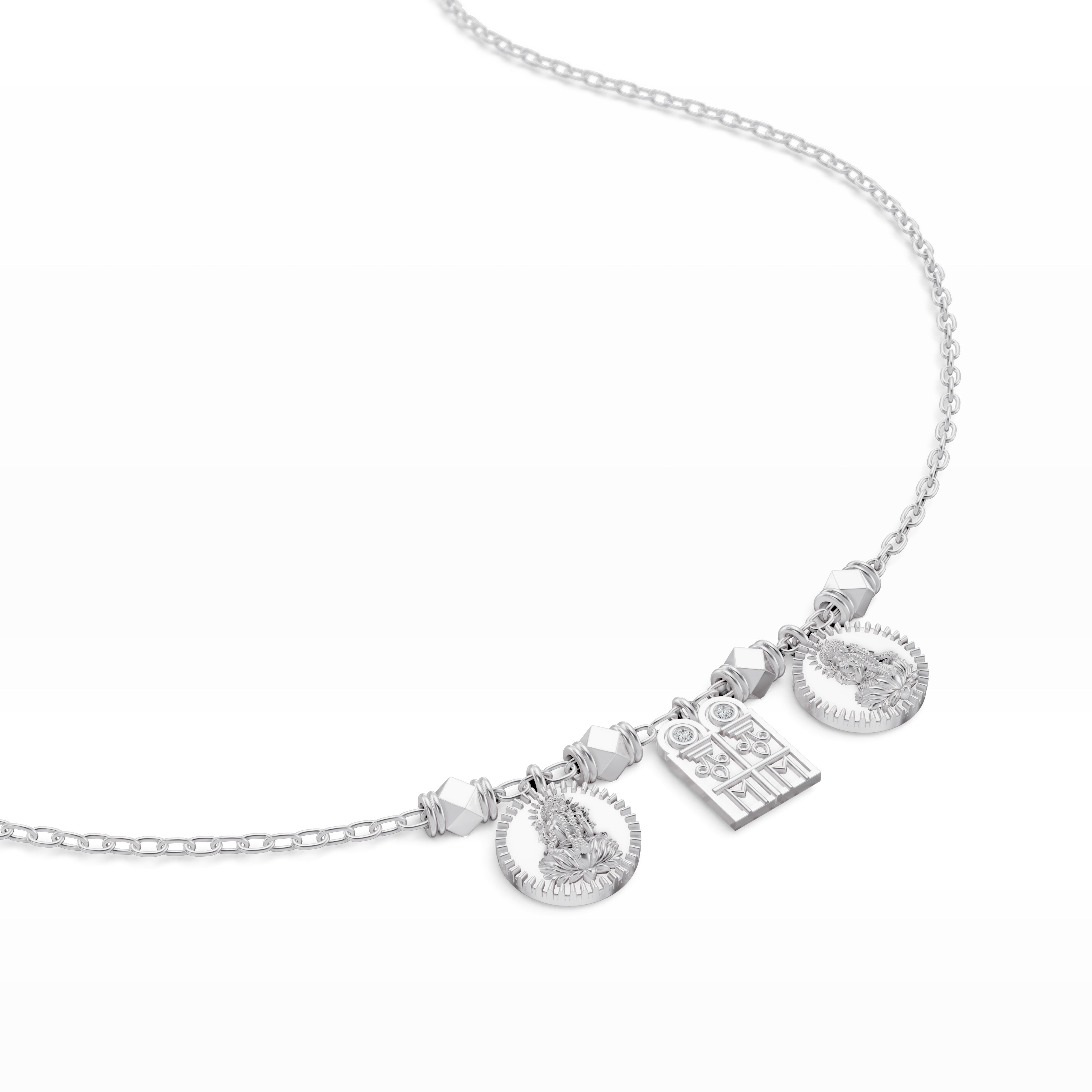 Zoomed-in pendant image of the Sriya Mangalayam in white gold, showing the balance between the central mangalayam pendant and dual Lakshmi coins with angular bead accents.