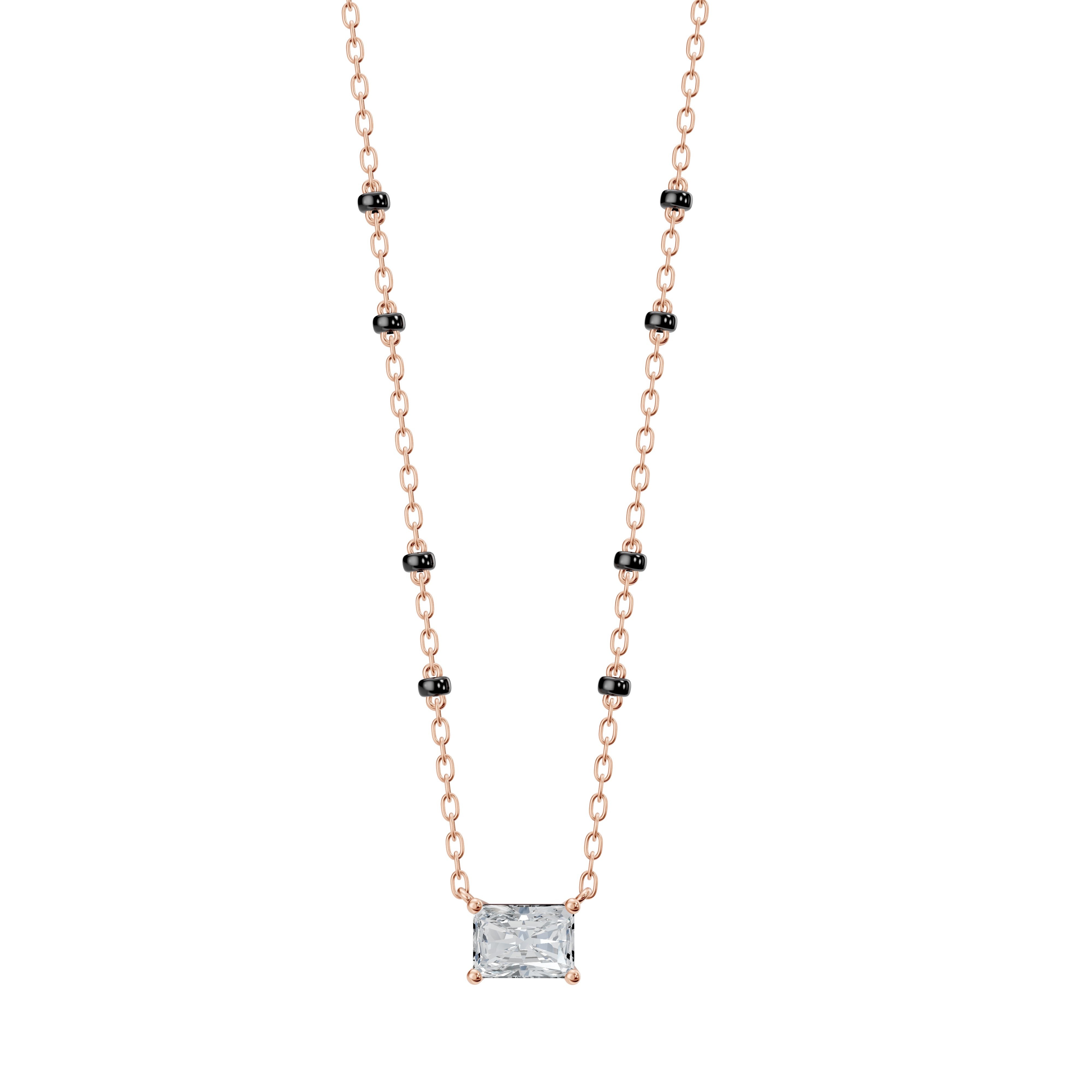 Full view of the Modern Mangal Radhi Mangalsutra in rose gold, with a soft blush finish and a centered radiant diamond in a horizontal setting.