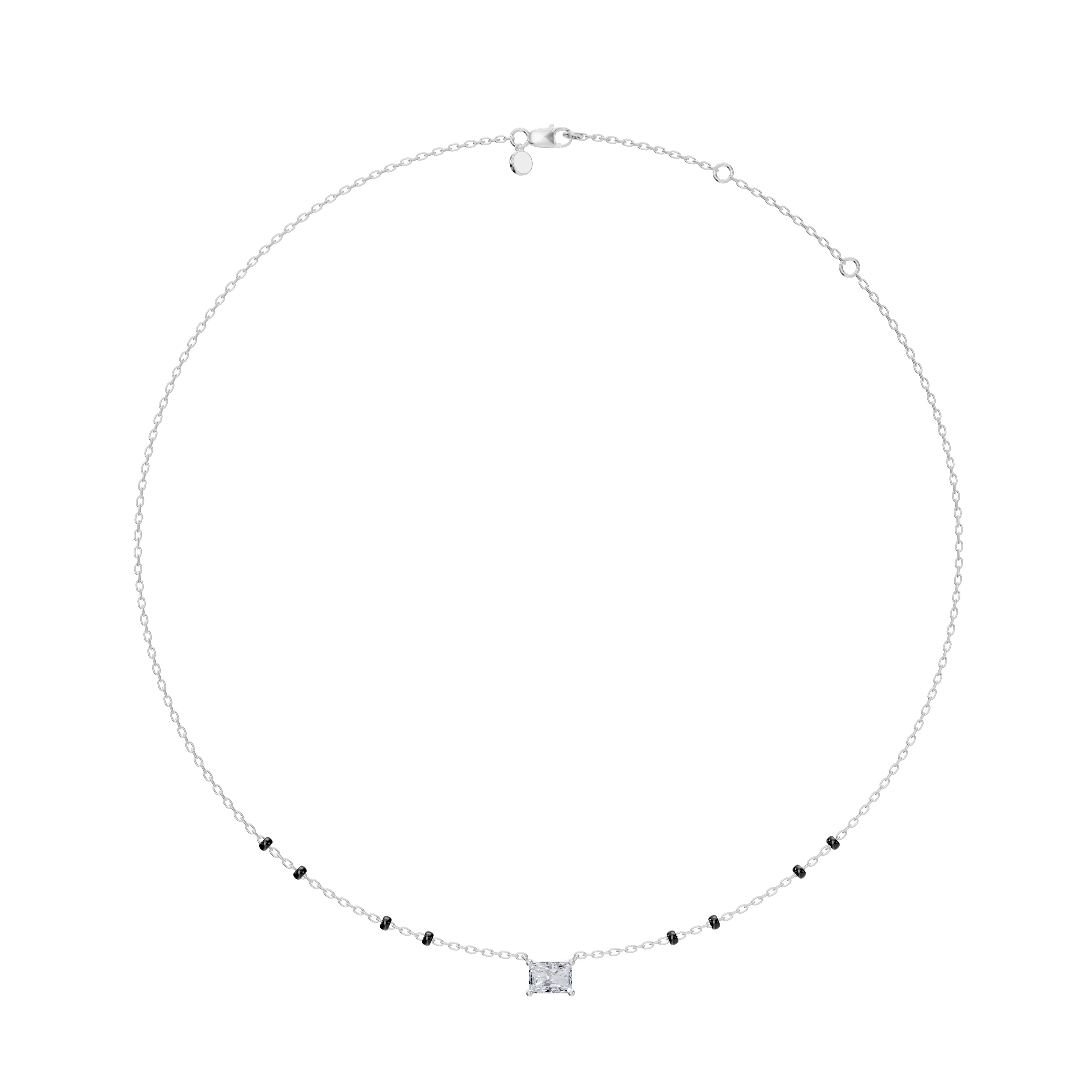 Full view of the white gold Modern Mangal  Radhi Mangalsutra, showcasing the bold radiant diamond pendant and evenly spaced paired 4-bead chains.