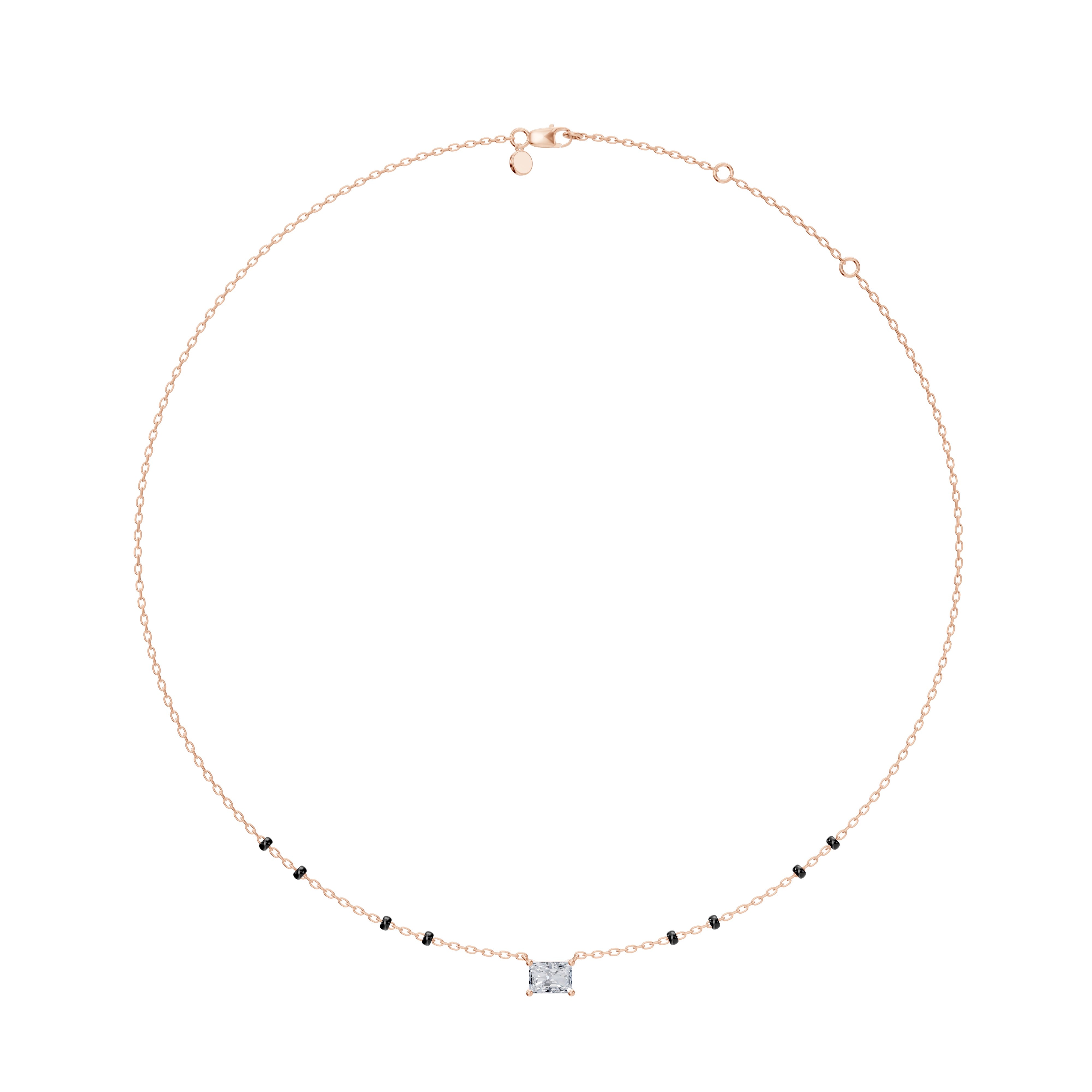 Main product image of the rose gold  Modern Mangal  Radhi Mangalsutra with a radiant diamond set horizontally and dual strands of spaced 4-bead black chains.