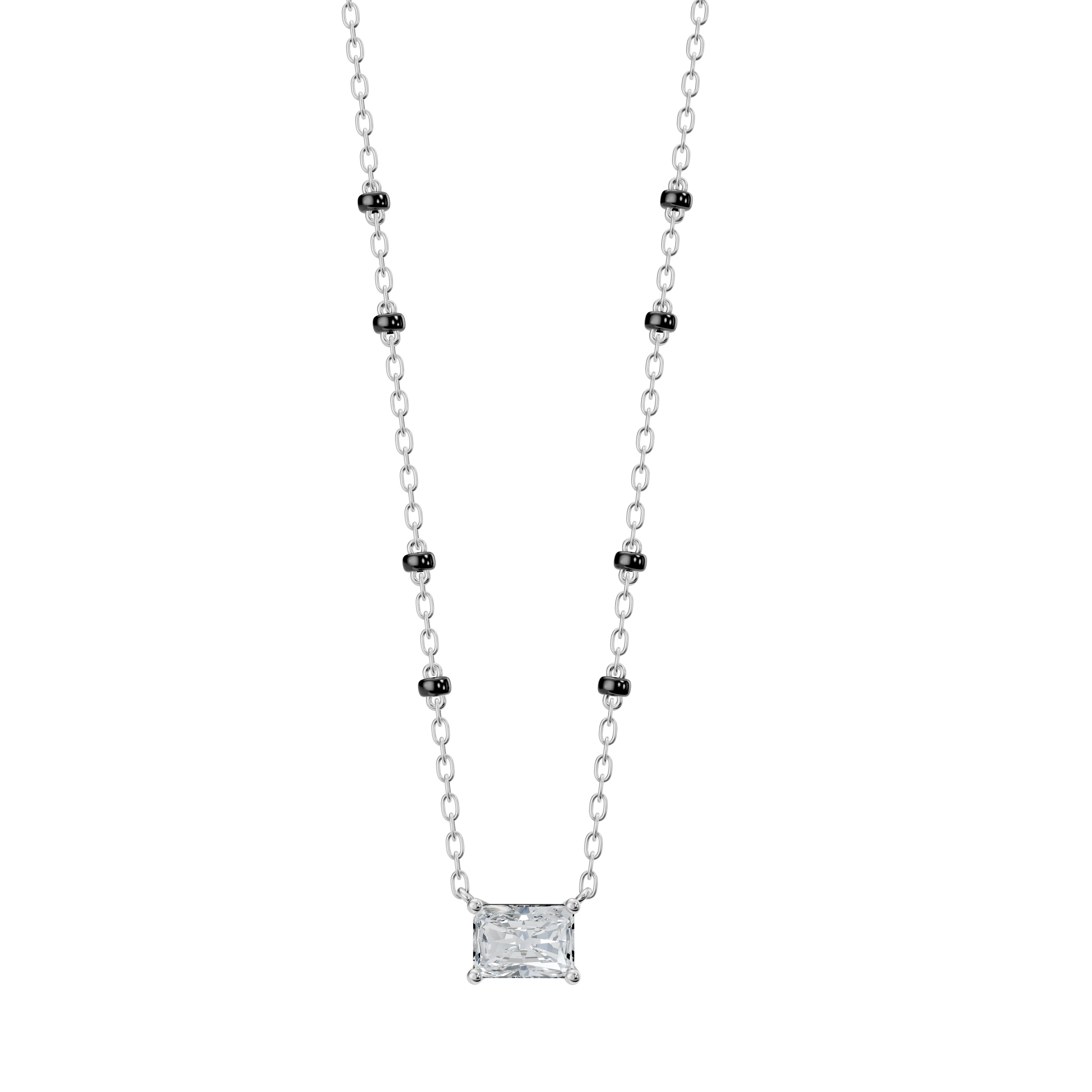  Product image of the Modern Mangal Radhi Mangalsutra in white gold, with a radiant-cut diamond set horizontally on dual black bead strands with 4-bead spacing.