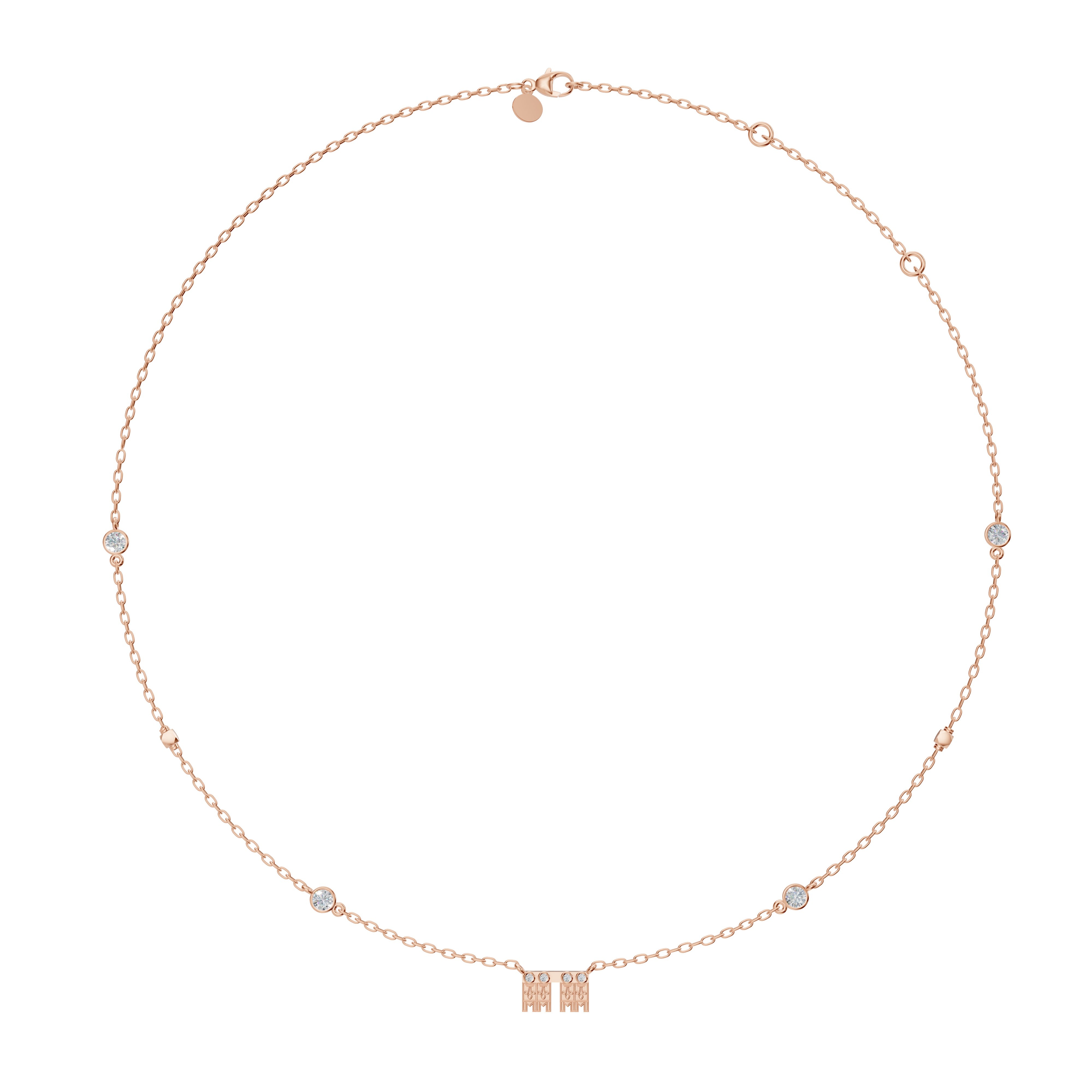 Rose gold Modern Mangal Aadya Mangalayam necklace shown full view facing, celebrating marital beginnings with dual diamond pendants and minimalist elegance.