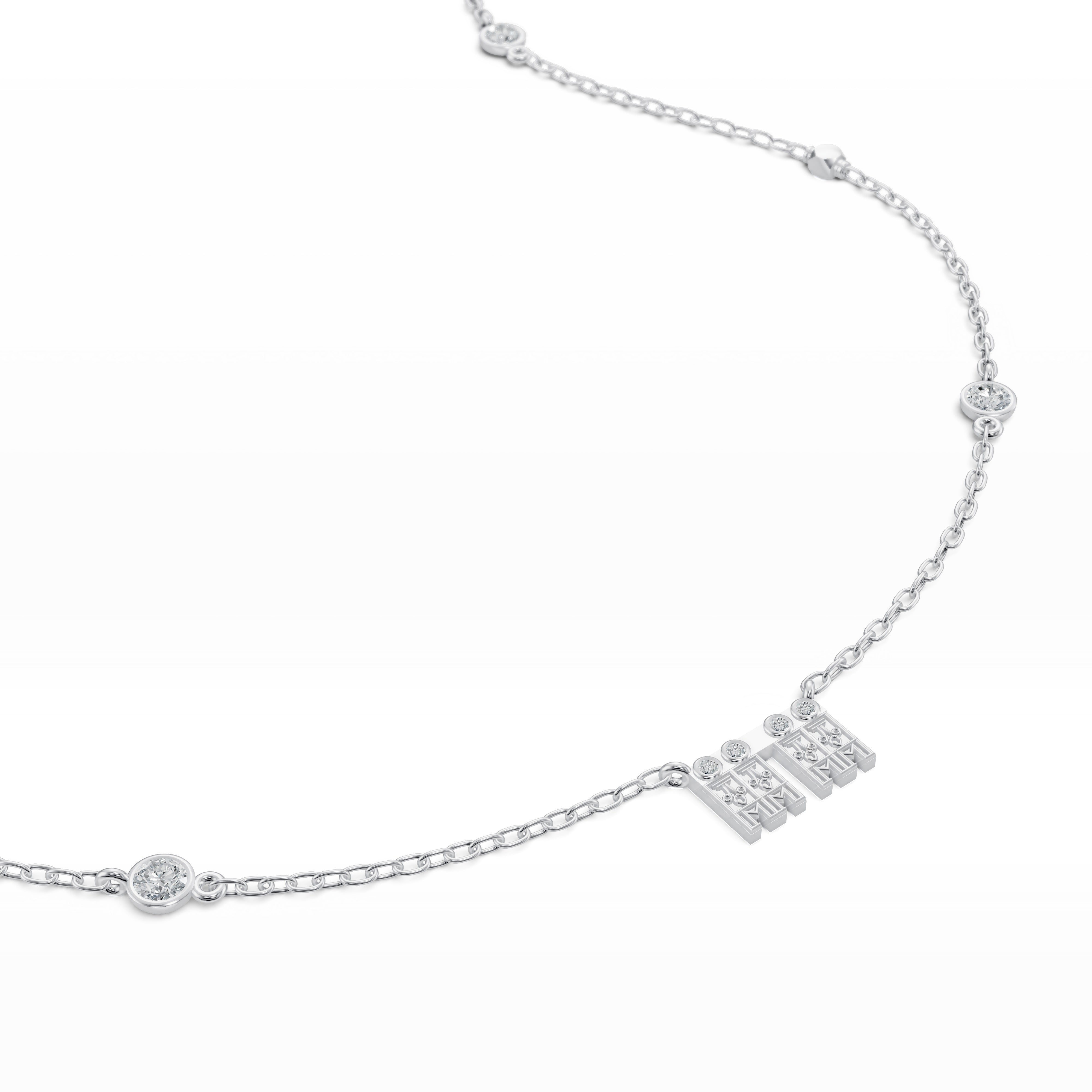 Close up view of the Modern Mangal Aadya Mangalayam mangalsutra in white gold, featuring symmetrical gold beads and four bezel diamonds on a refined 18K white gold chain.