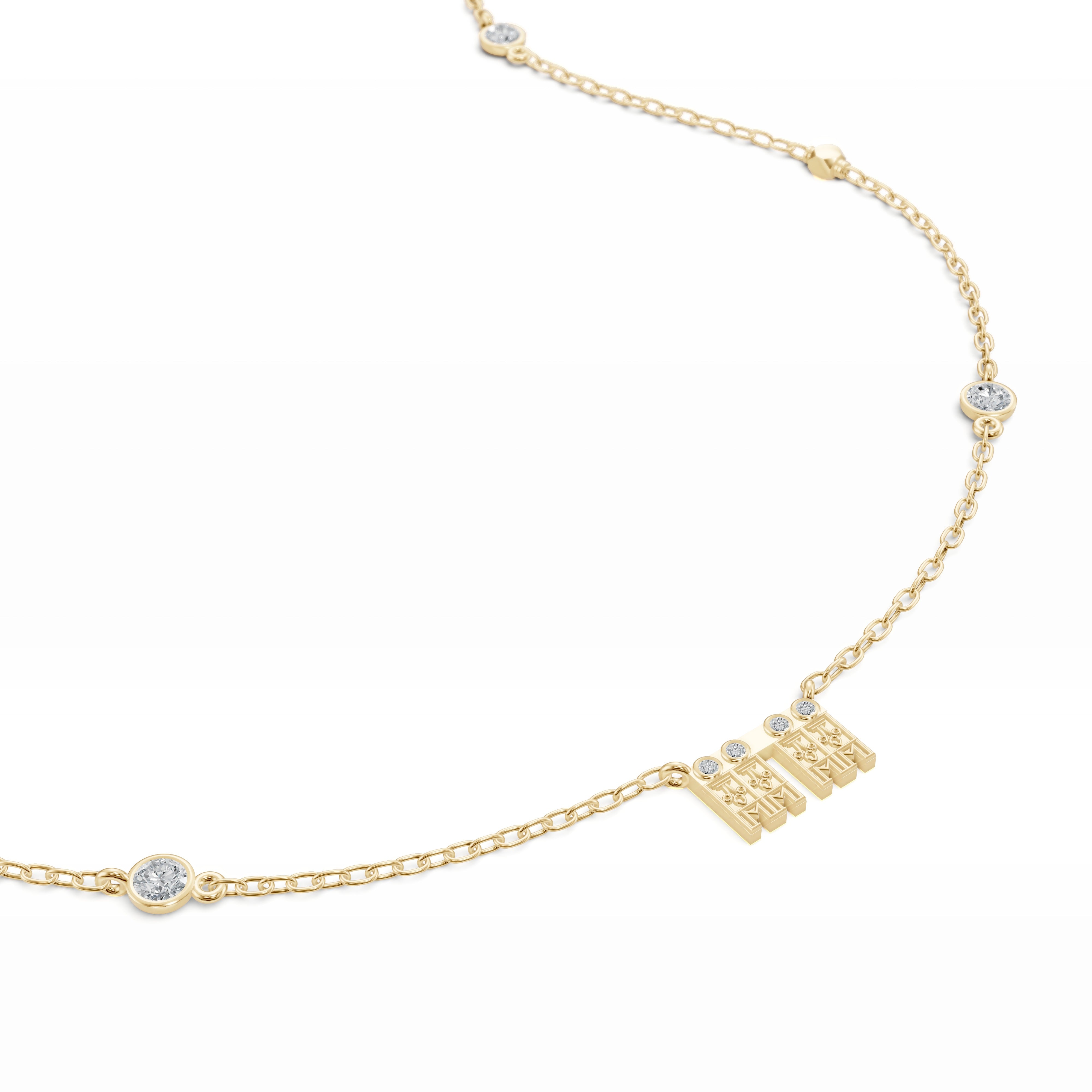 Close up view of the Modern Mangal Aadya Mangalayam mangalsutra in yellow gold, showcasing the dainty gold chain, four bezel-set diamonds, and tulsi-inspired pendants.