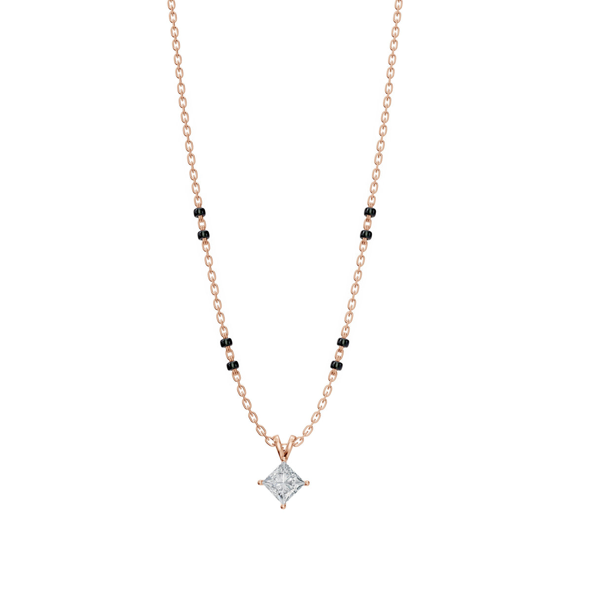 Aayushi Mangalsutra in 18K rose gold with a princess lab-grown diamond, front view