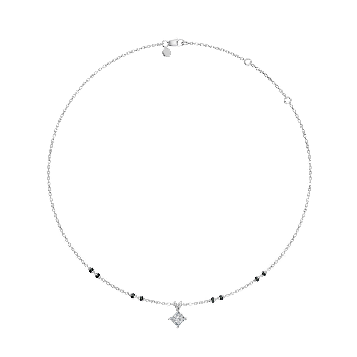 Full-length view of the Aayushi Mangalsutra in 18K white gold on its black bead chain