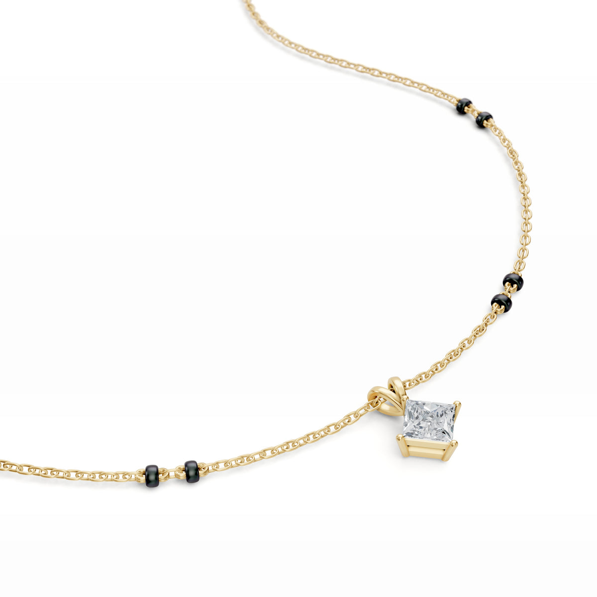 Close-up of the princess lab-grown diamond on the Aayushi Mangalsutra in 18K yellow gold
