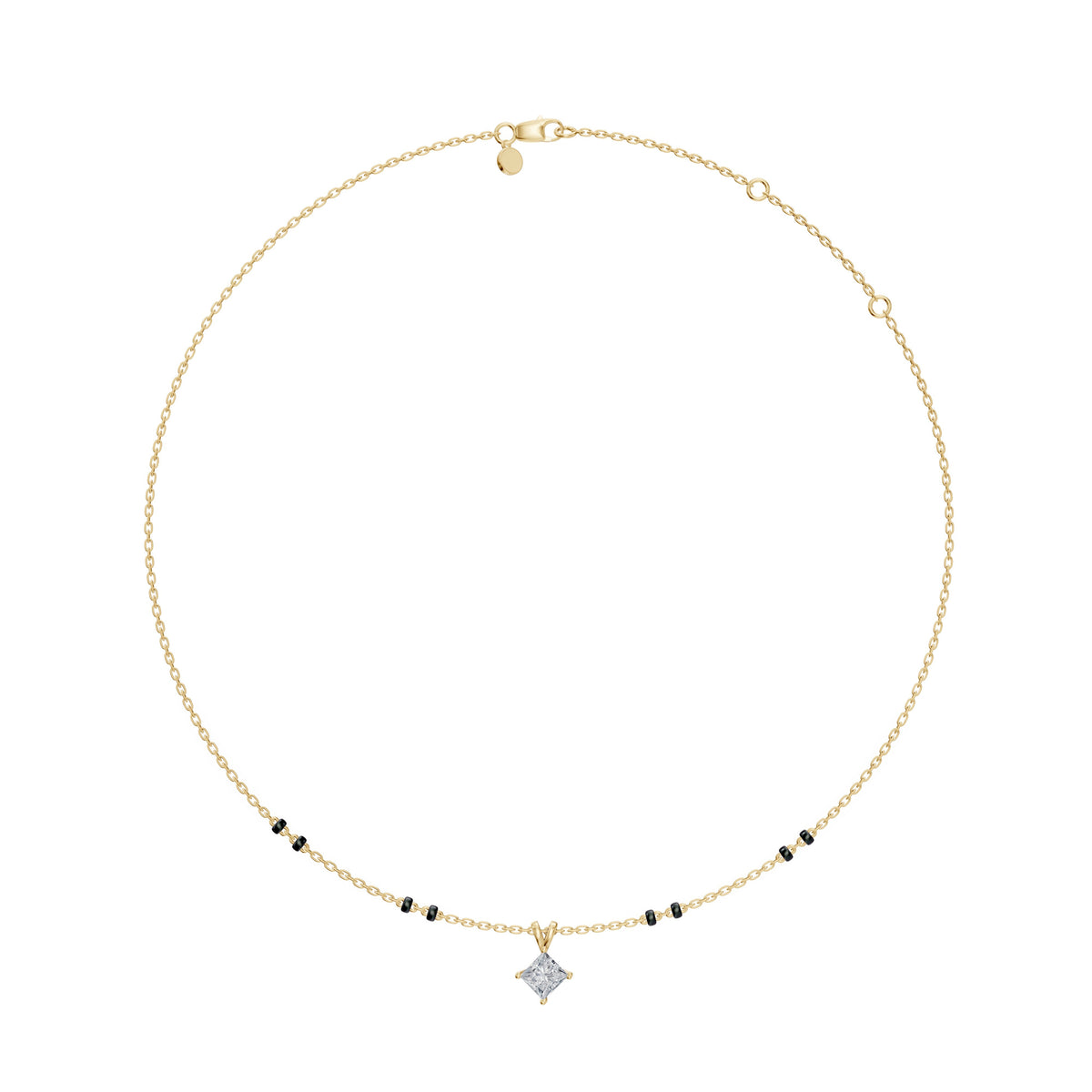 Full-length view of the Aayushi Mangalsutra in 18K yellow gold on its black bead chain
