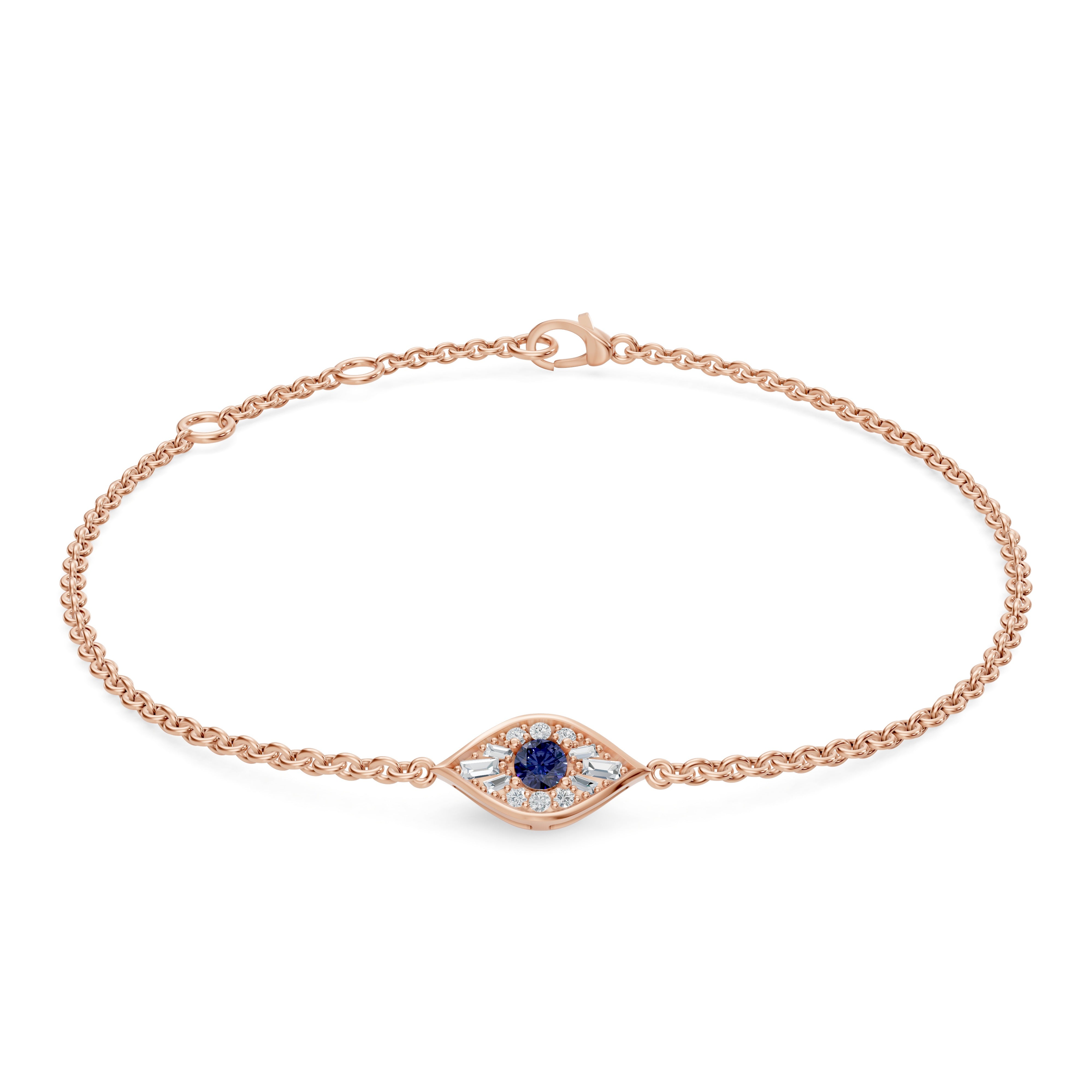 Main product view of the Modern Mangal Aira Bracelet’s in rose gold, highlighting the eye-inspired design with a deep blue sapphire at the center and surrounding geometric diamonds.