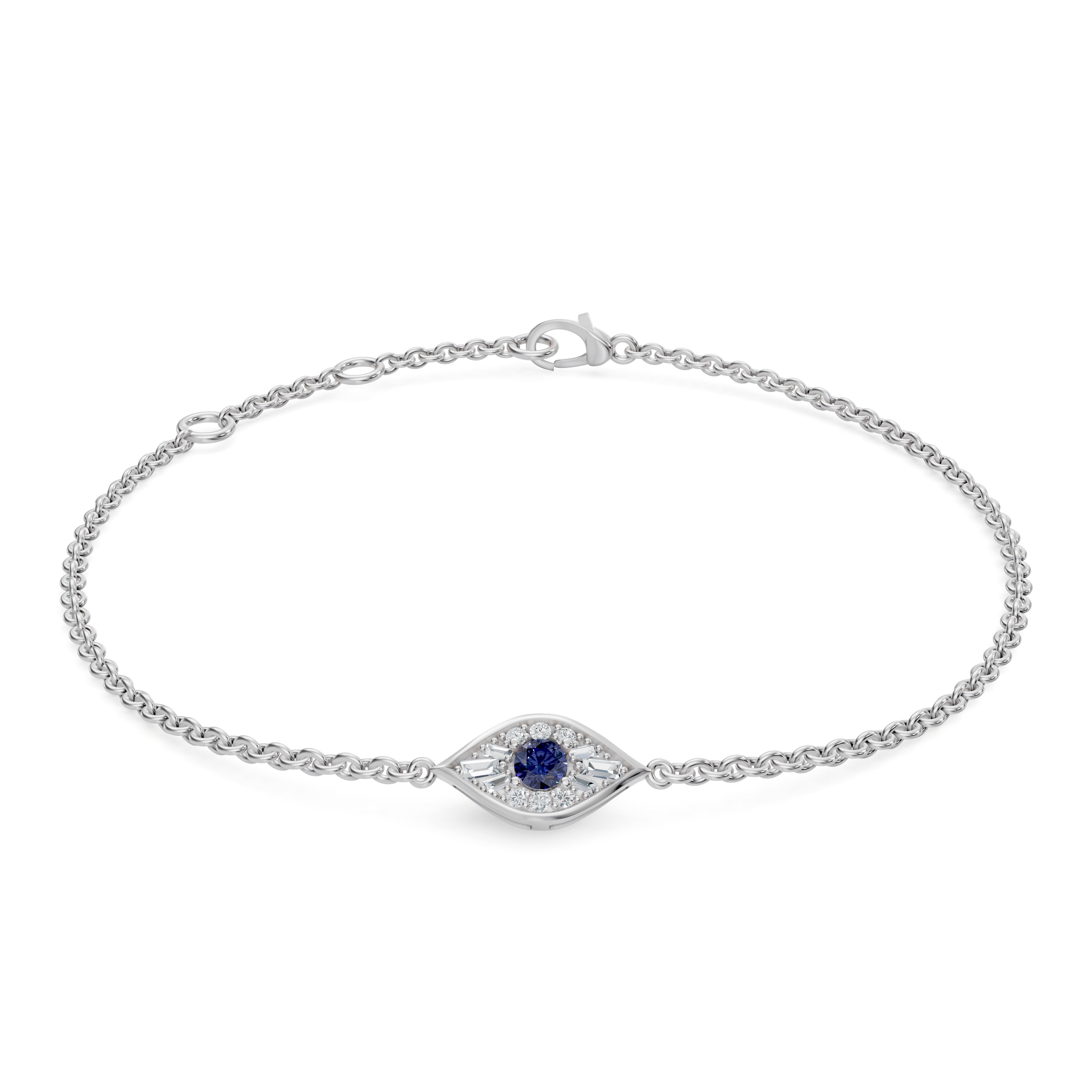 Top-down view of the Modern Mangal Aira Bracelet in white gold, featuring a sapphire center framed by precision-cut diamonds in an east-west eye-shaped motif on a sleek cable chain.