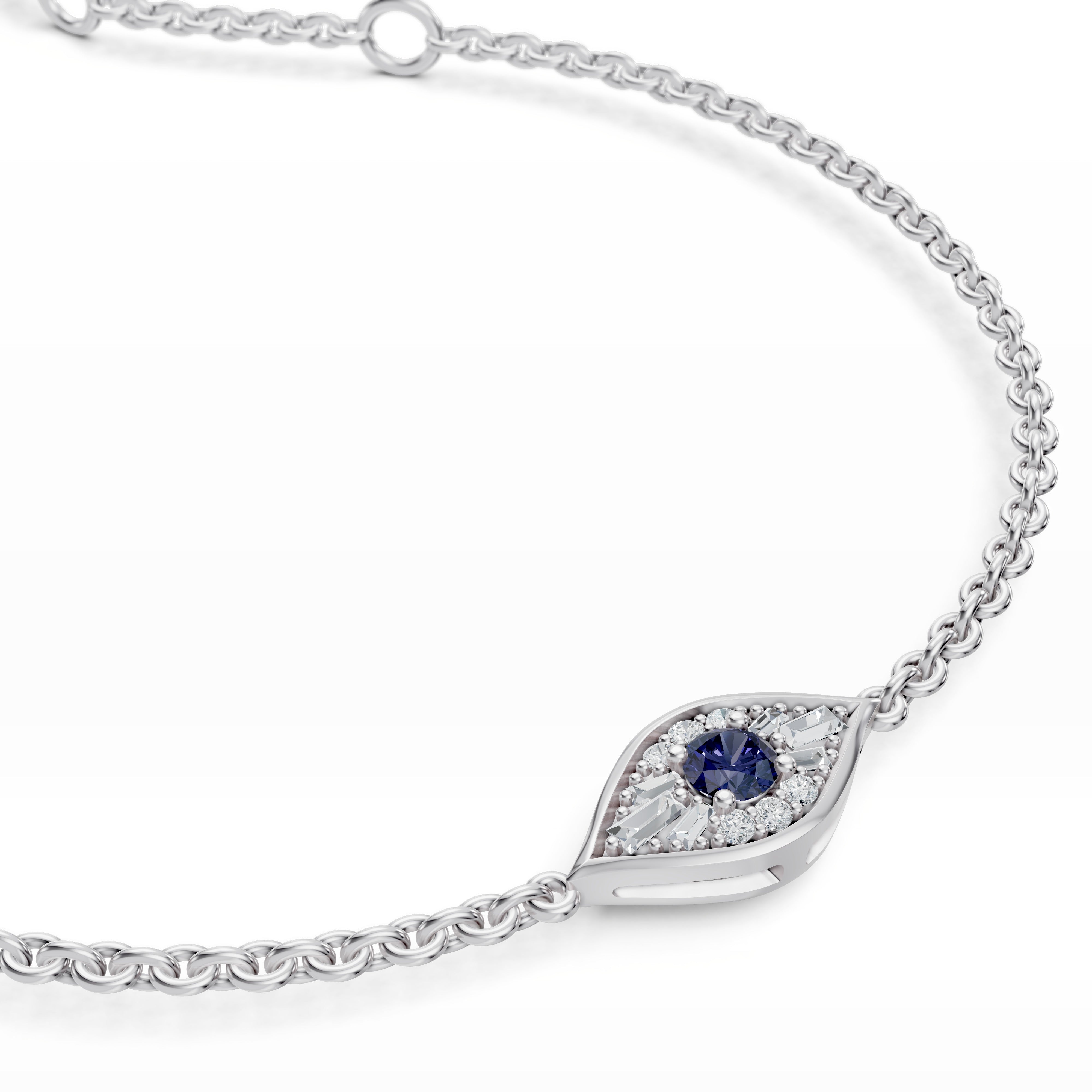 Close up shot of the Modern Mangal Aira Bracelet in luminous white gold, showcasing a sapphire pupil surrounded by baguette and round diamonds in a sleek protective form.