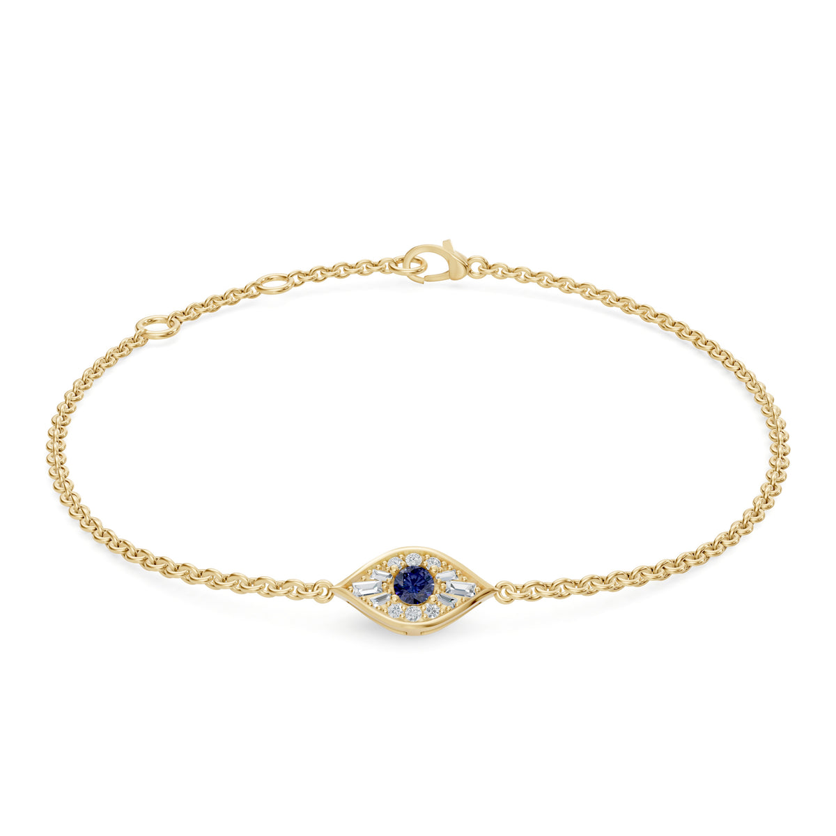 Aira Bracelet in 18K yellow gold with a mini evil eye of sapphire and diamonds, front view