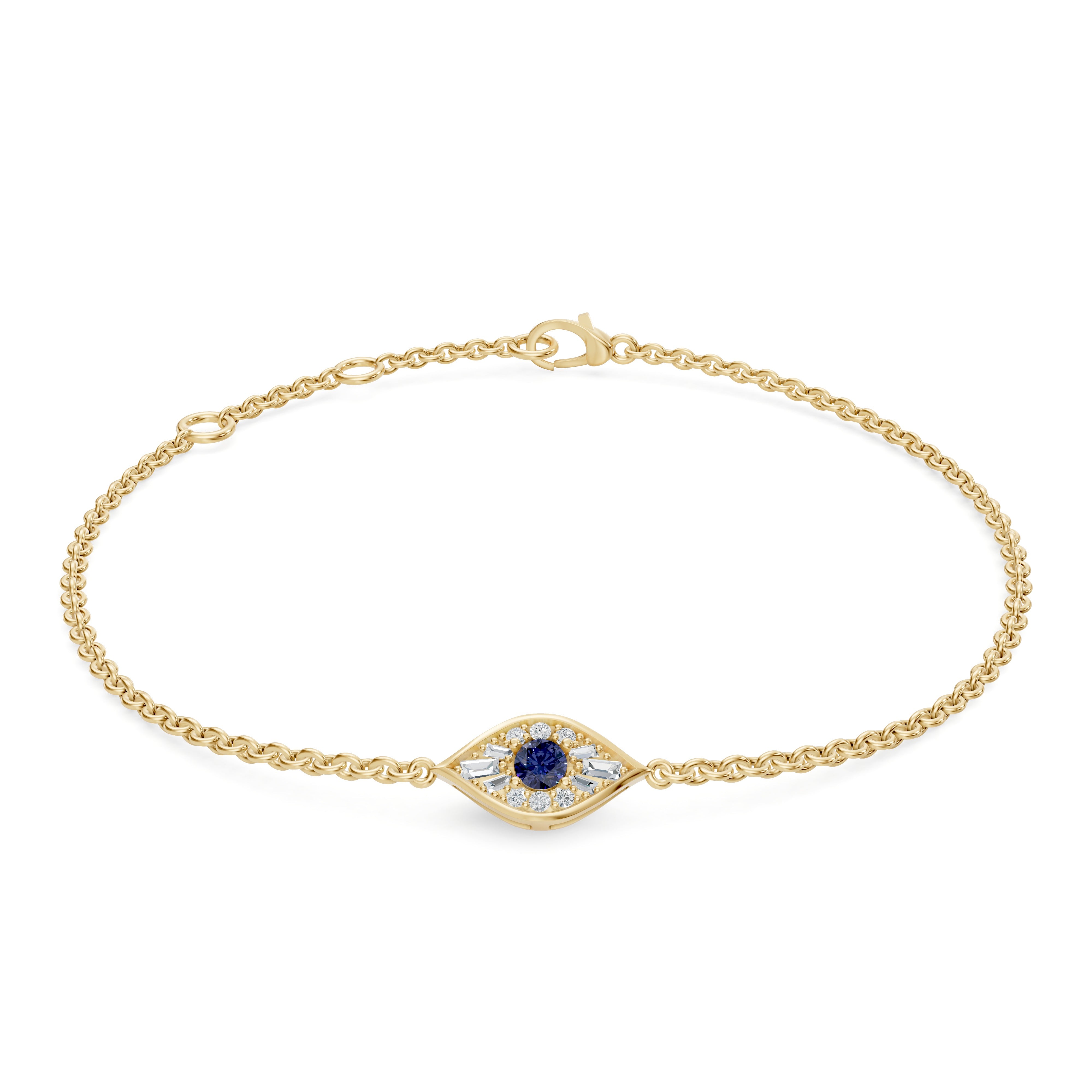 Main view of the Modern Mangal Aira Bracelet in yellow gold, showcasing a vivid central sapphire encircled by round and baguette diamonds on a delicate 18K gold cable chain.