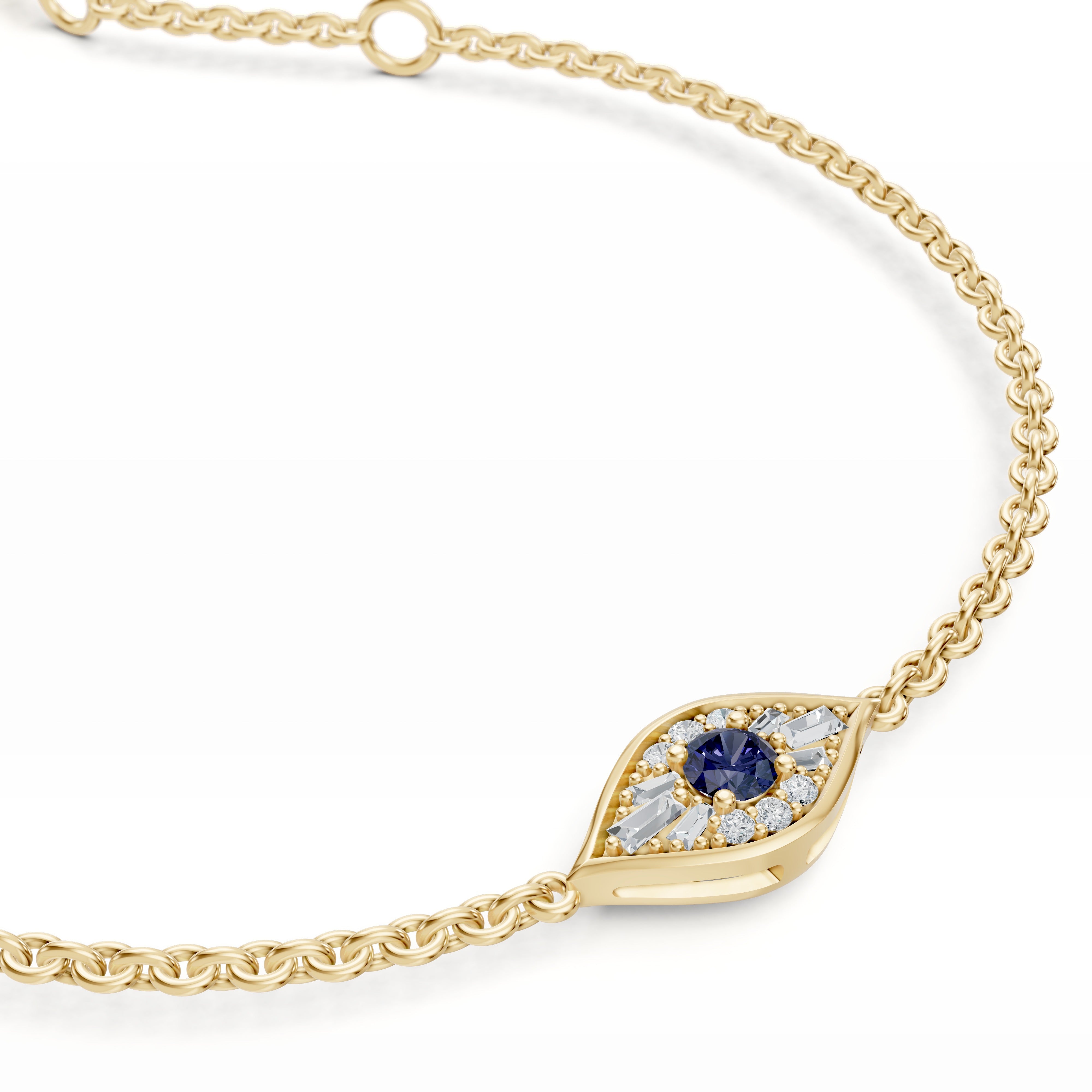 Close up view of the Modern Mangal Aira Bracelet in 18K yellow gold, featuring an eye-shaped sapphire and diamond centerpiece symbolizing modern protection and elegance.