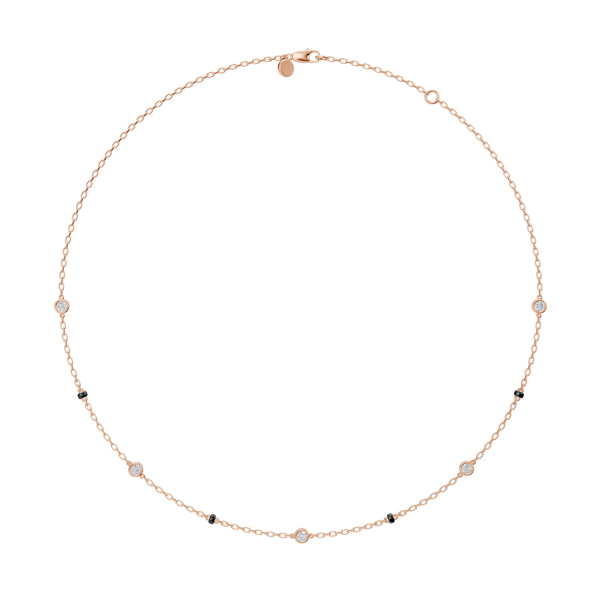 Full-length view of the Alia Mangalsutra in 18K rose gold on its black bead chain