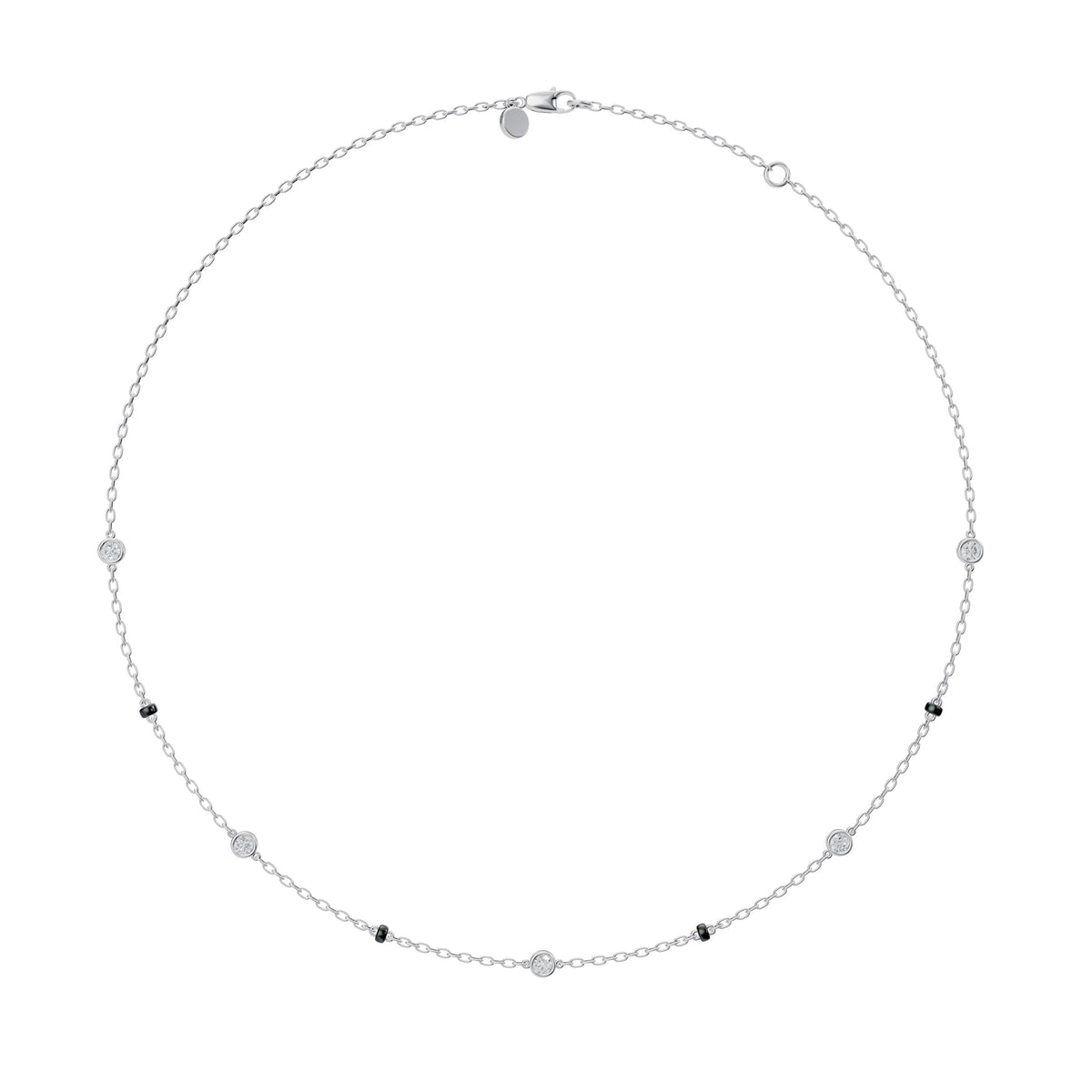 Full-length view of the Alia Mangalsutra in 18K white gold on its black bead chain