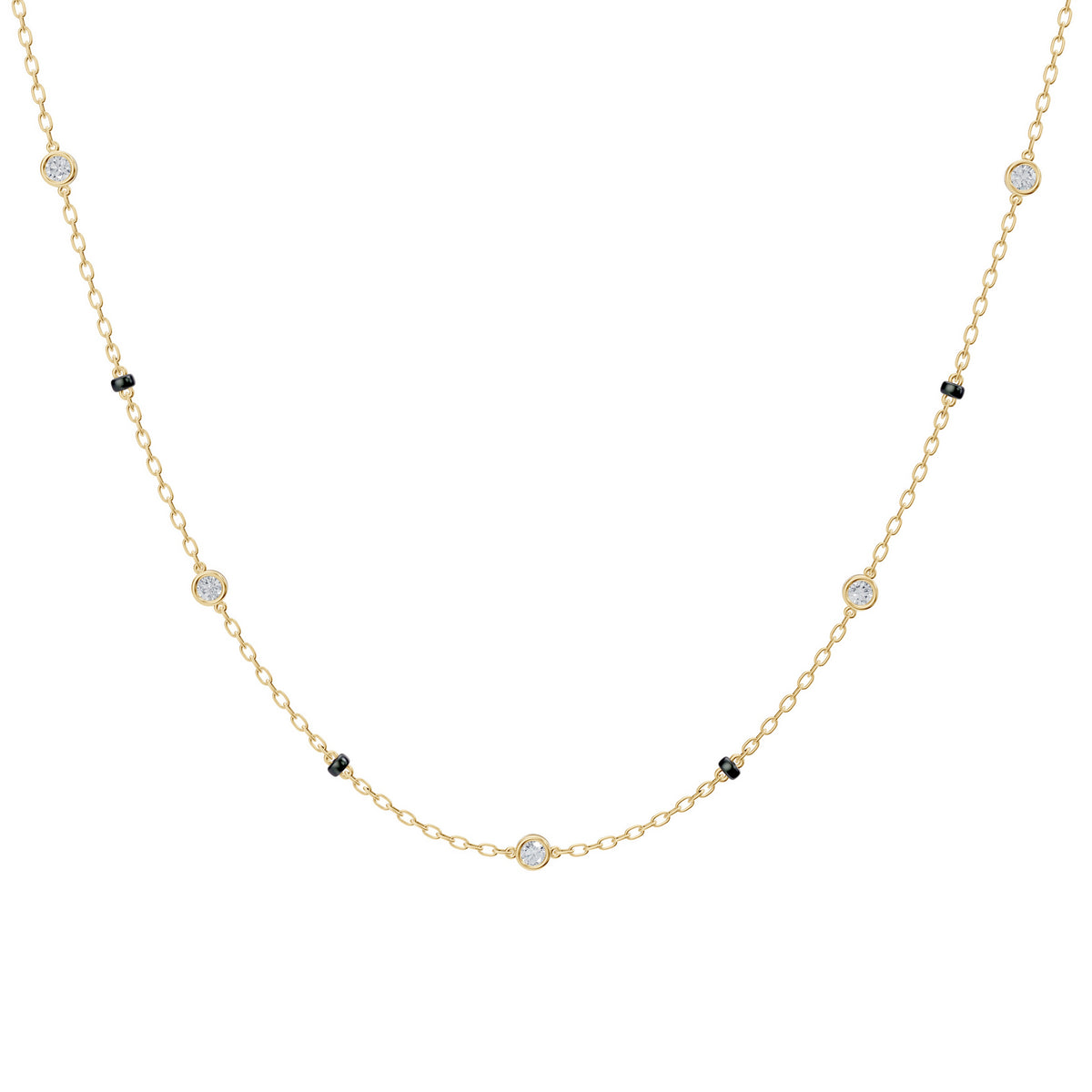Alia Mangalsutra in 18K yellow gold with five bezel-set lab-grown diamonds, front view
