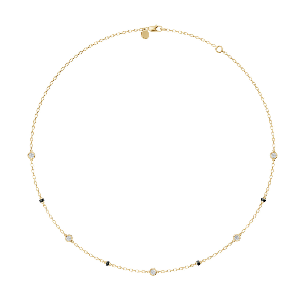 Full-length view of the Alia Mangalsutra in 18K yellow gold on its black bead chain