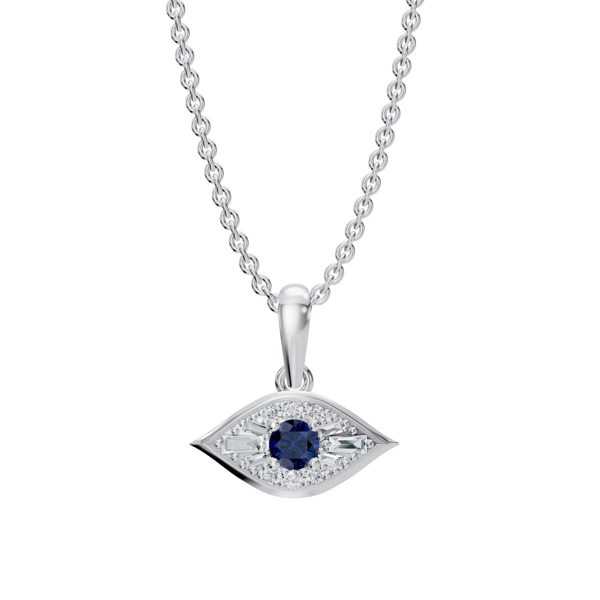 Amina Necklace in 18K white gold with a mini evil eye pendant of sapphire and diamonds, front view, view 2