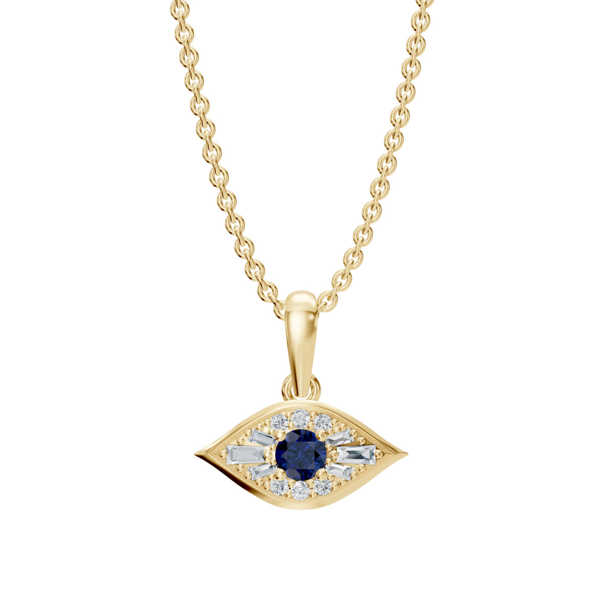 Amina Necklace in 18K yellow gold with a mini evil eye pendant of sapphire and diamonds, front view, view 2