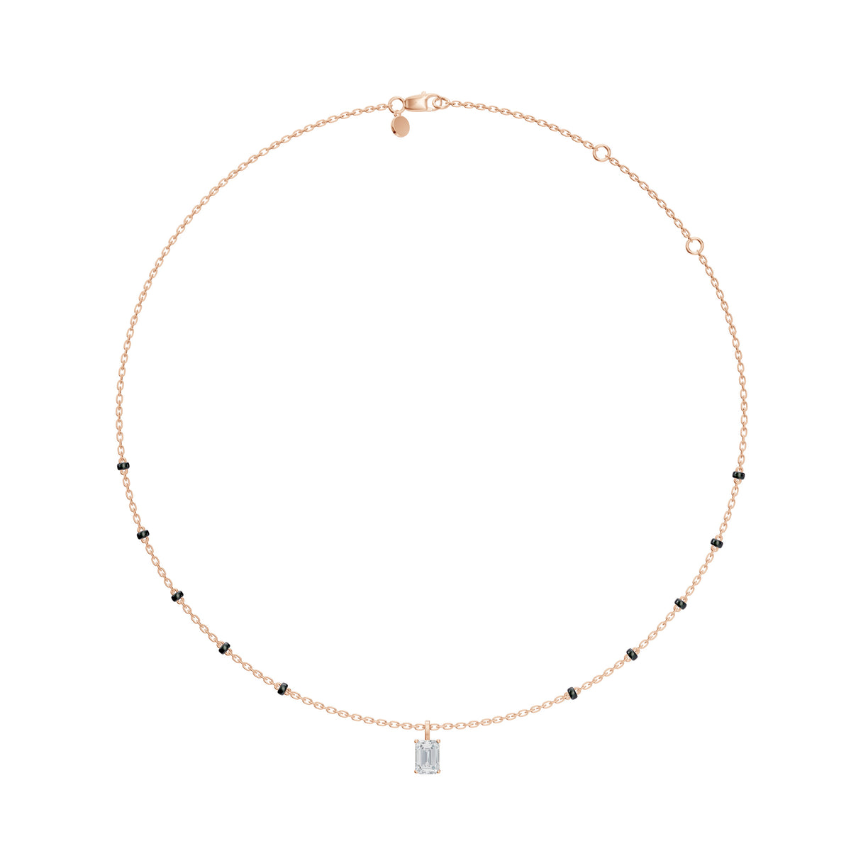 Full-length view of the Anaya Mangalsutra in 18K rose gold on its black bead chain