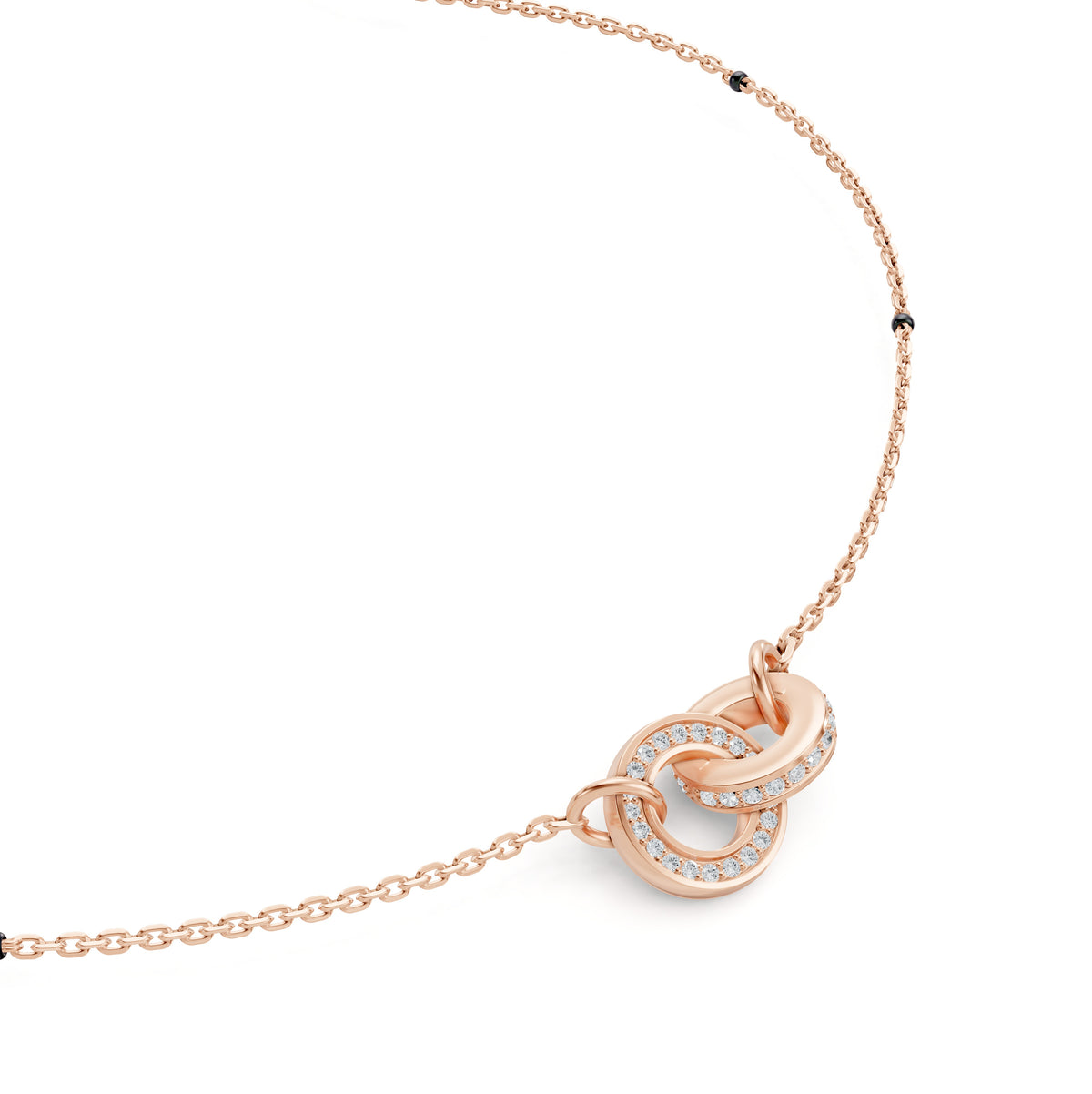 Close-up of the interlocking diamond circles on the Anvita Mangalsutra in 18K rose gold
