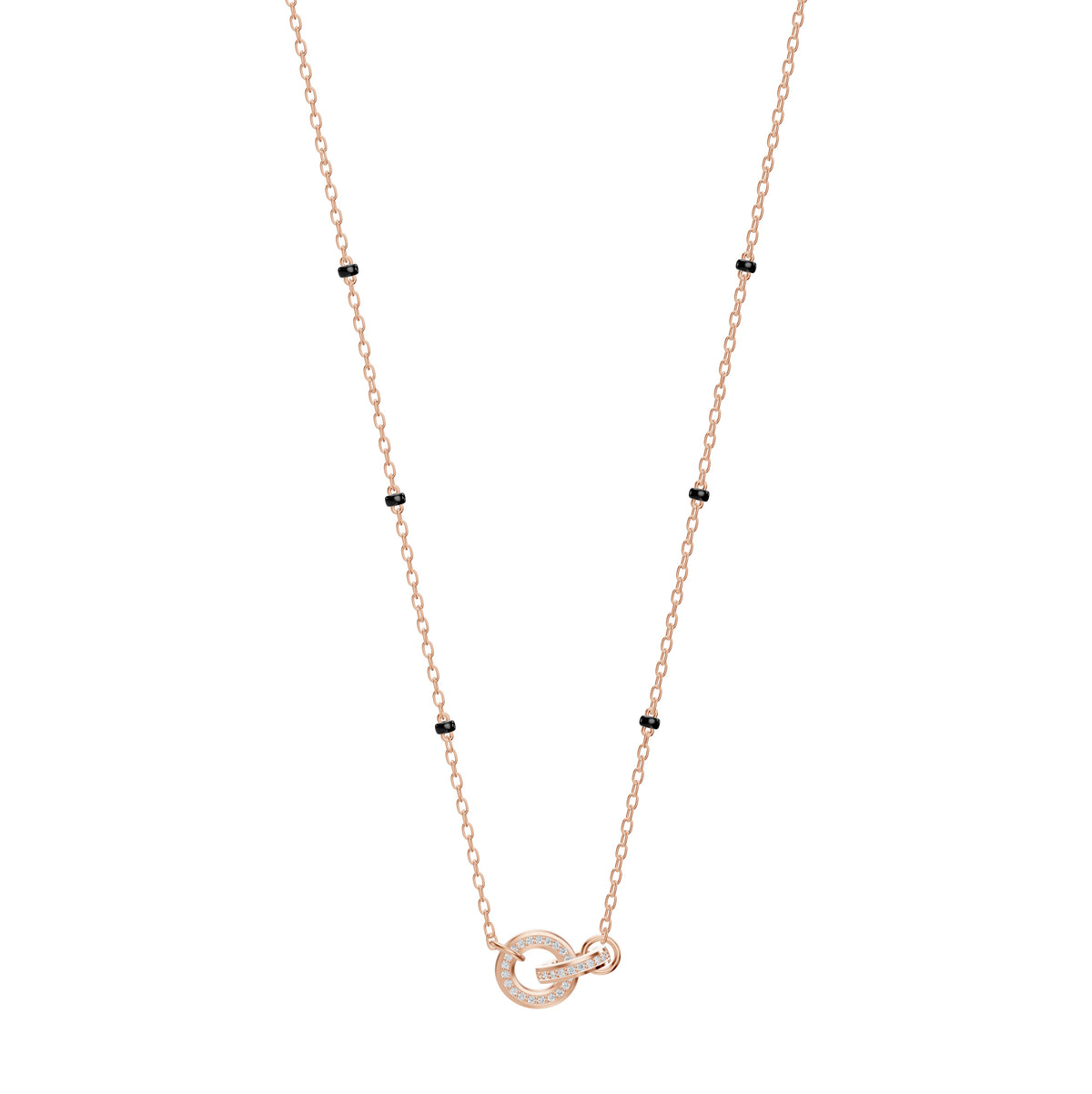 Anvita Mangalsutra in 18K rose gold with interlocking diamond circles, front view