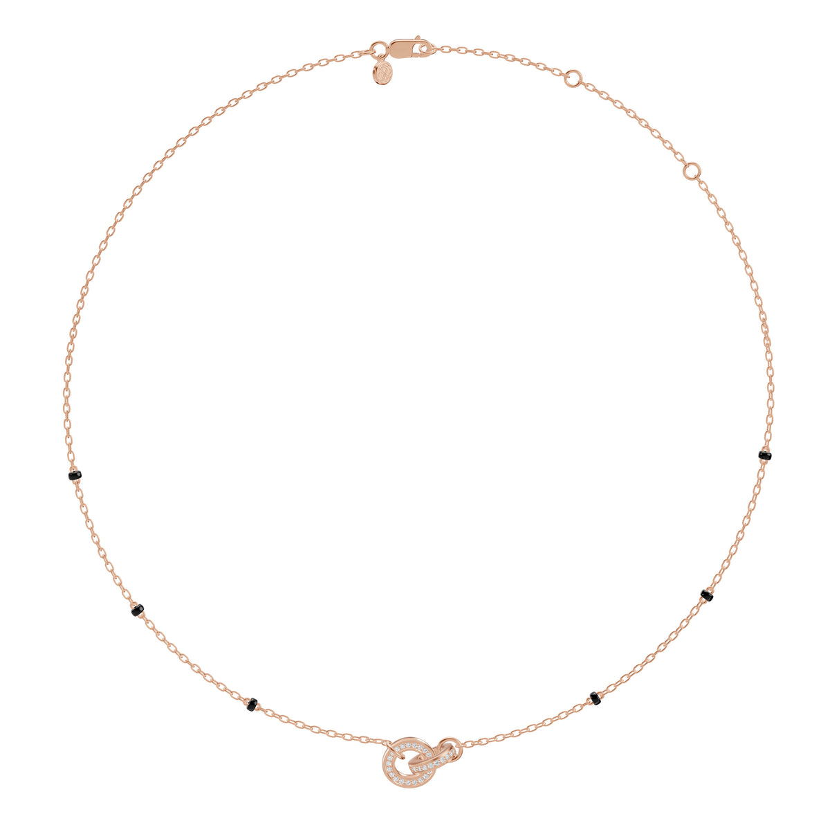 Full-length view of the Anvita Mangalsutra in 18K rose gold on its black bead chain