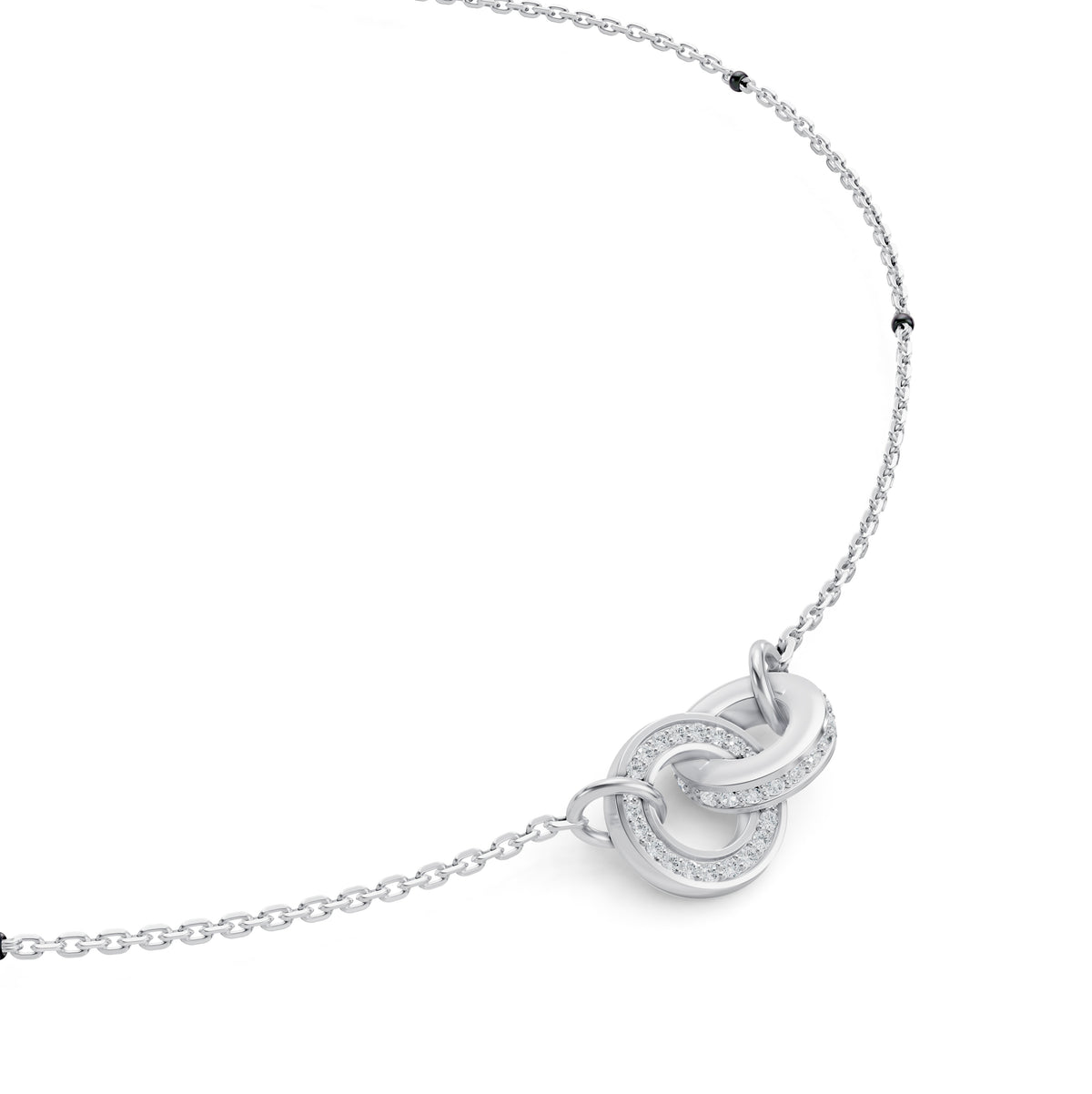 Close-up of the interlocking diamond circles on the Anvita Mangalsutra in 18K white gold