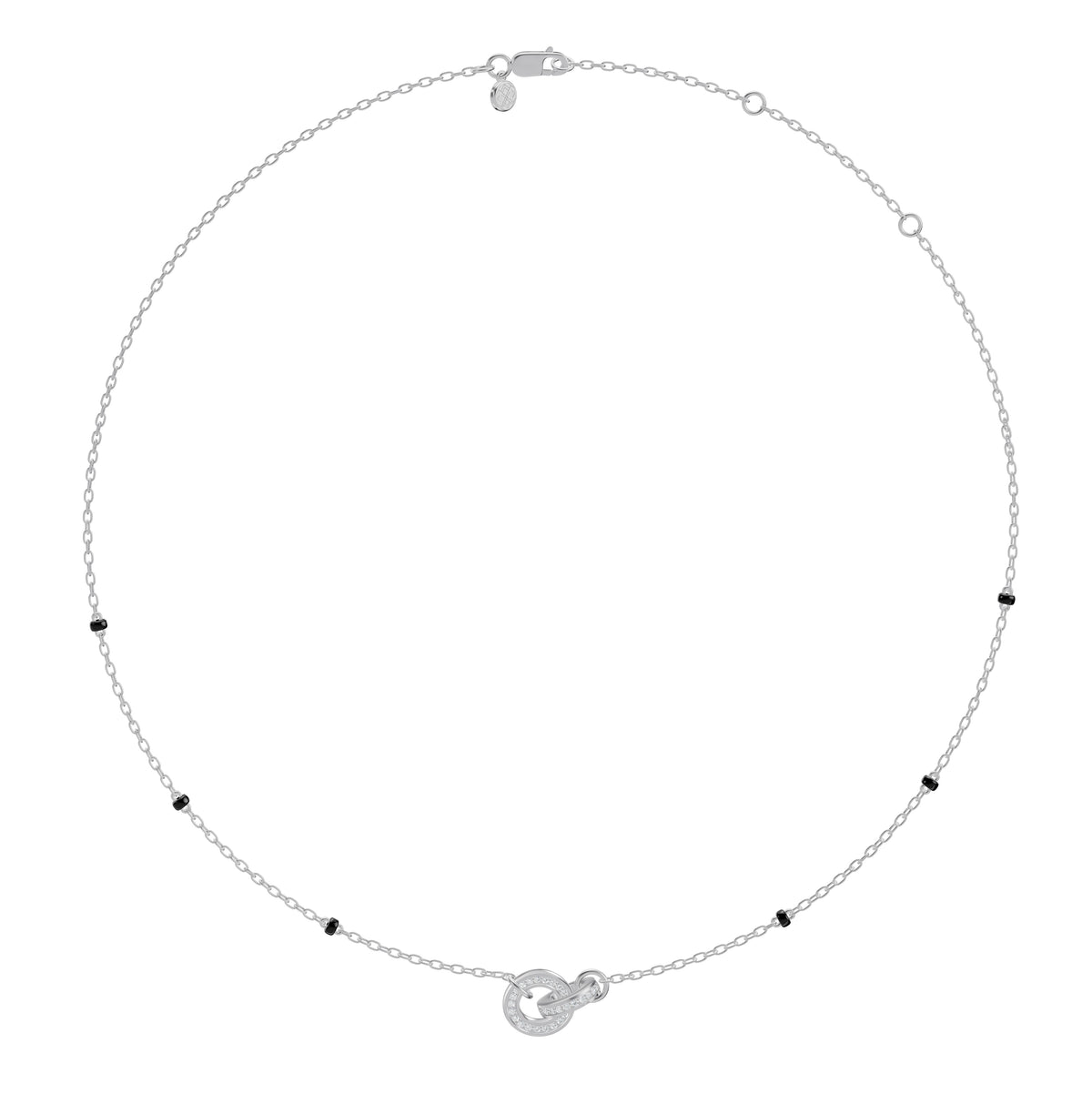 Full-length view of the Anvita Mangalsutra in 18K white gold on its black bead chain