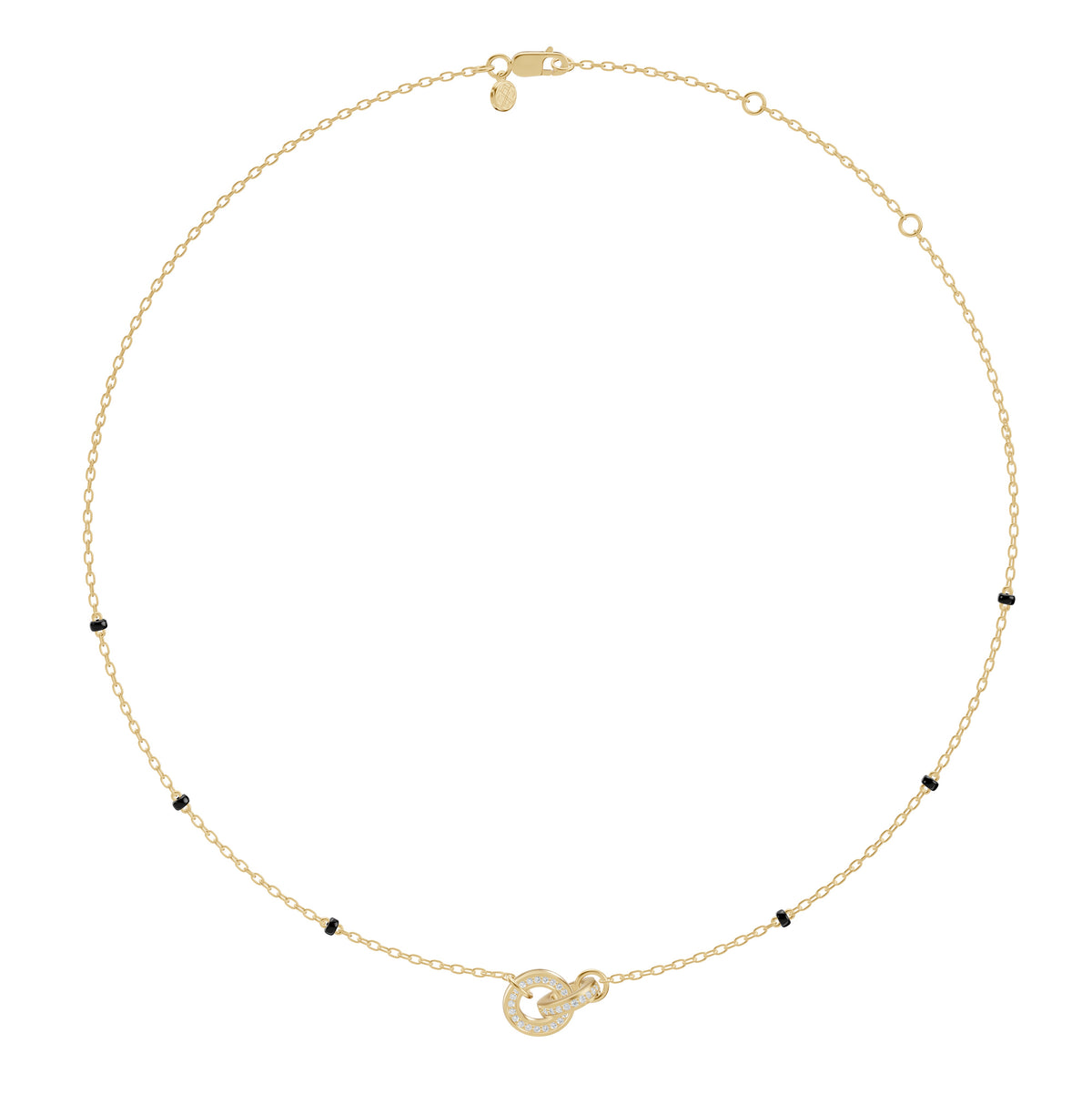 Full-length view of the Anvita Mangalsutra in 18K yellow gold on its black bead chain