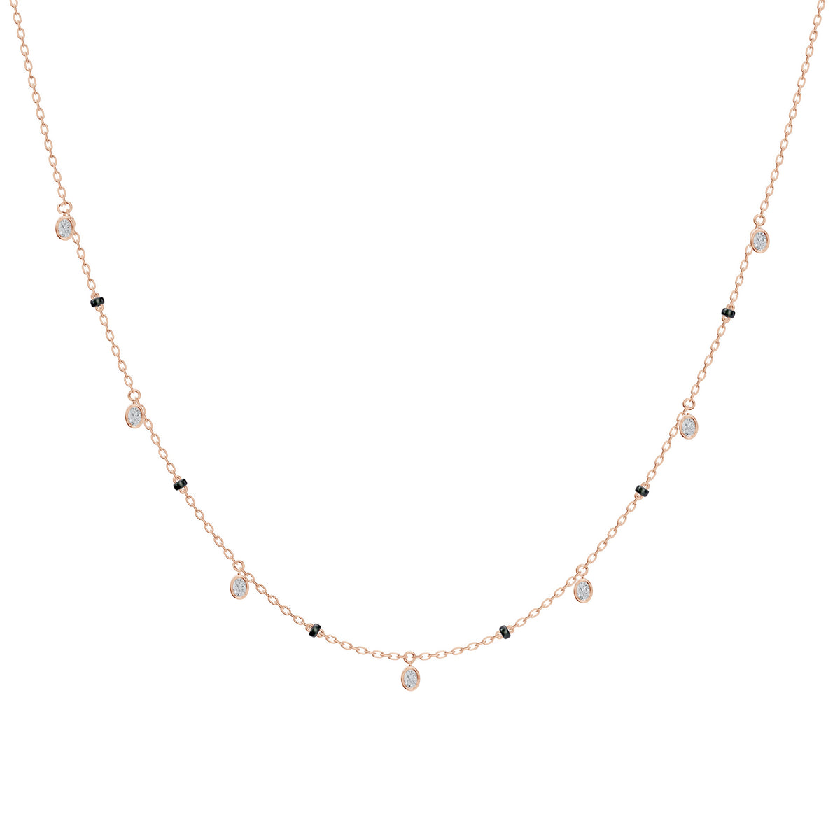 Ashna Mangalsutra in 18K rose gold with dangling bezel-set oval lab-grown diamonds, front view