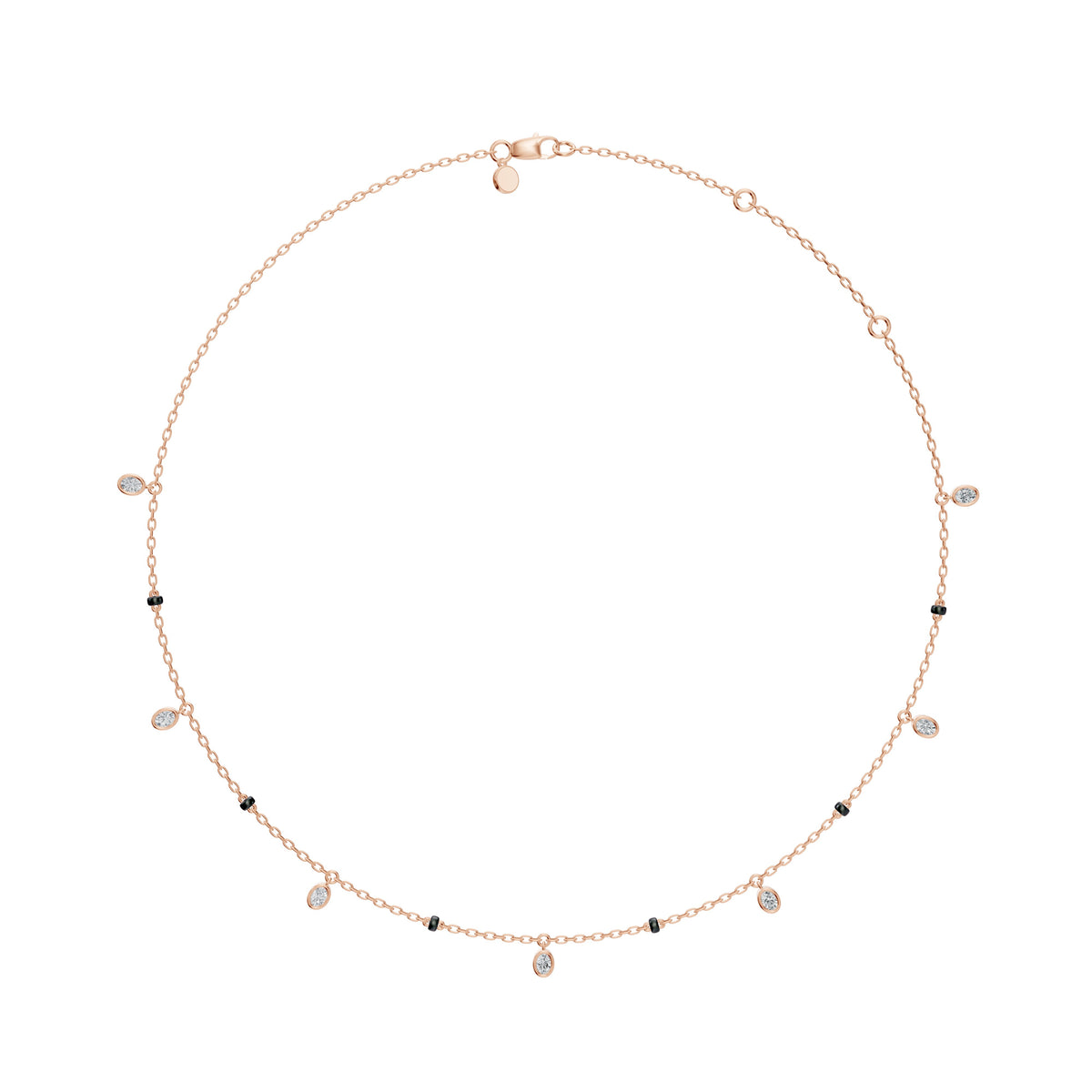 Full-length view of the Ashna Mangalsutra in 18K rose gold on its black bead chain