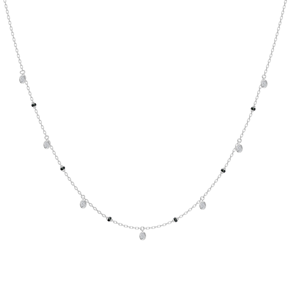 Ashna Mangalsutra in 18K white gold with dangling bezel-set oval lab-grown diamonds, front view