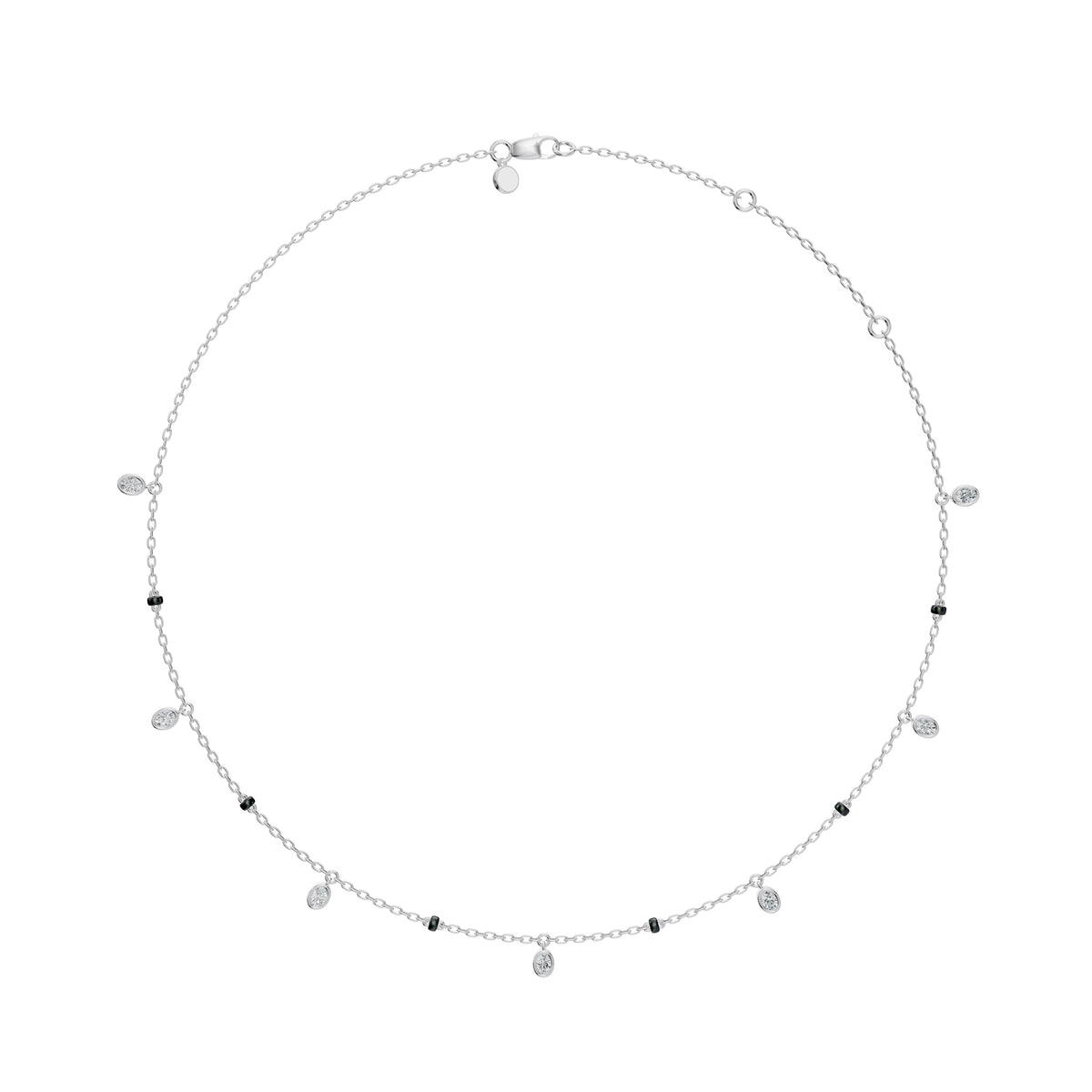 Full-length view of the Ashna Mangalsutra in 18K white gold on its black bead chain