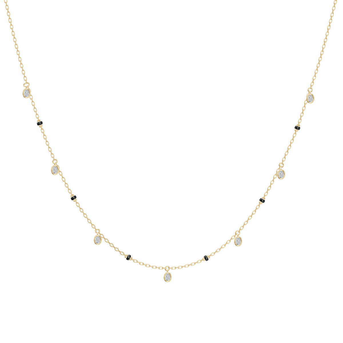 Front view of the Ashna Mangalsutra in 18K yellow gold, bezel-set lab-grown diamond drops alternating with black beads along the chain
