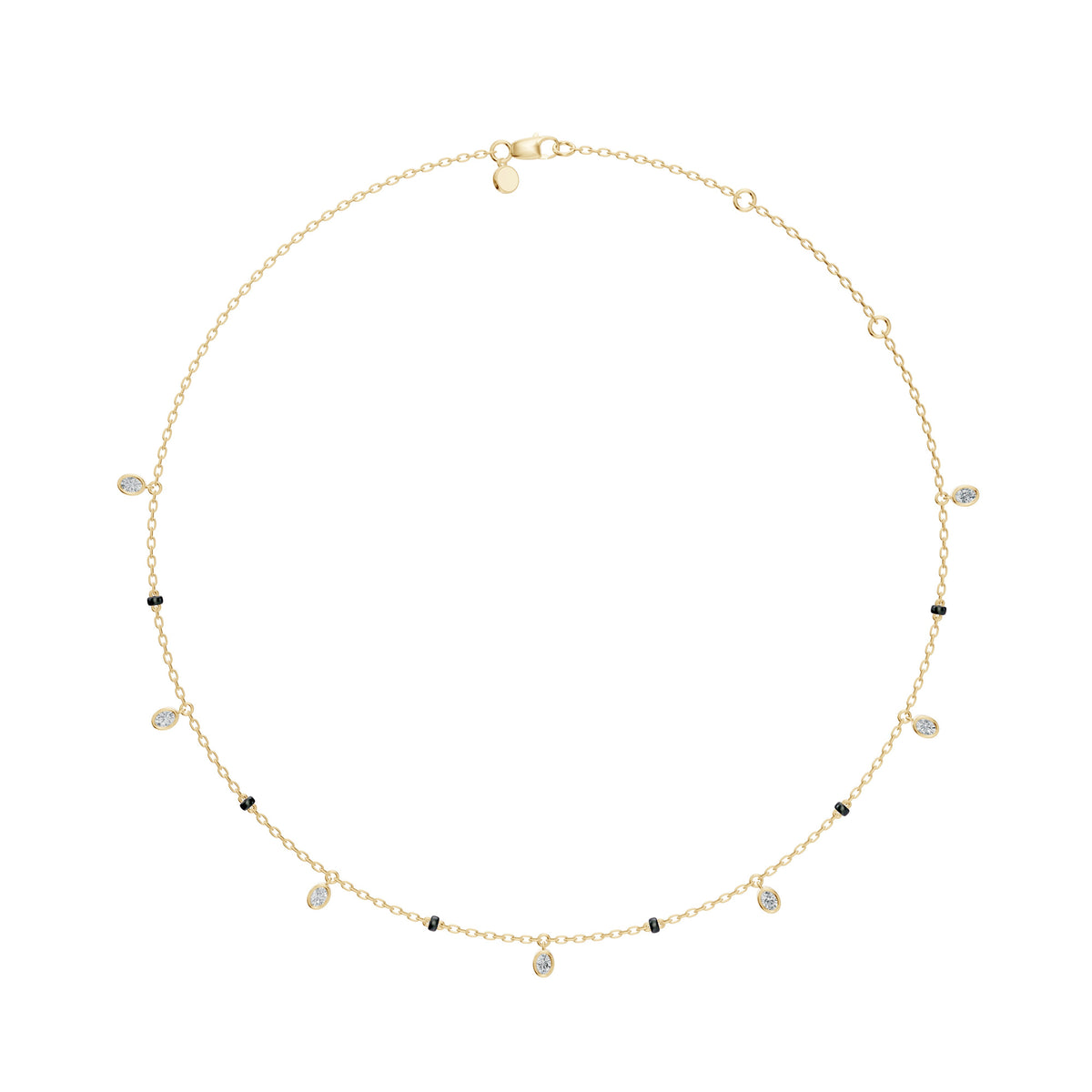 Full-length view of the Ashna Mangalsutra in 18K yellow gold on its black bead chain