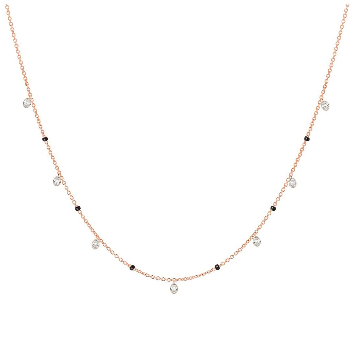 Ashna Necklace in rose gold from the Modern Mangal x Ashna Gray Collection, a delicate chain with small diamond and black bead accents, combining traditional charm with modern elegance.