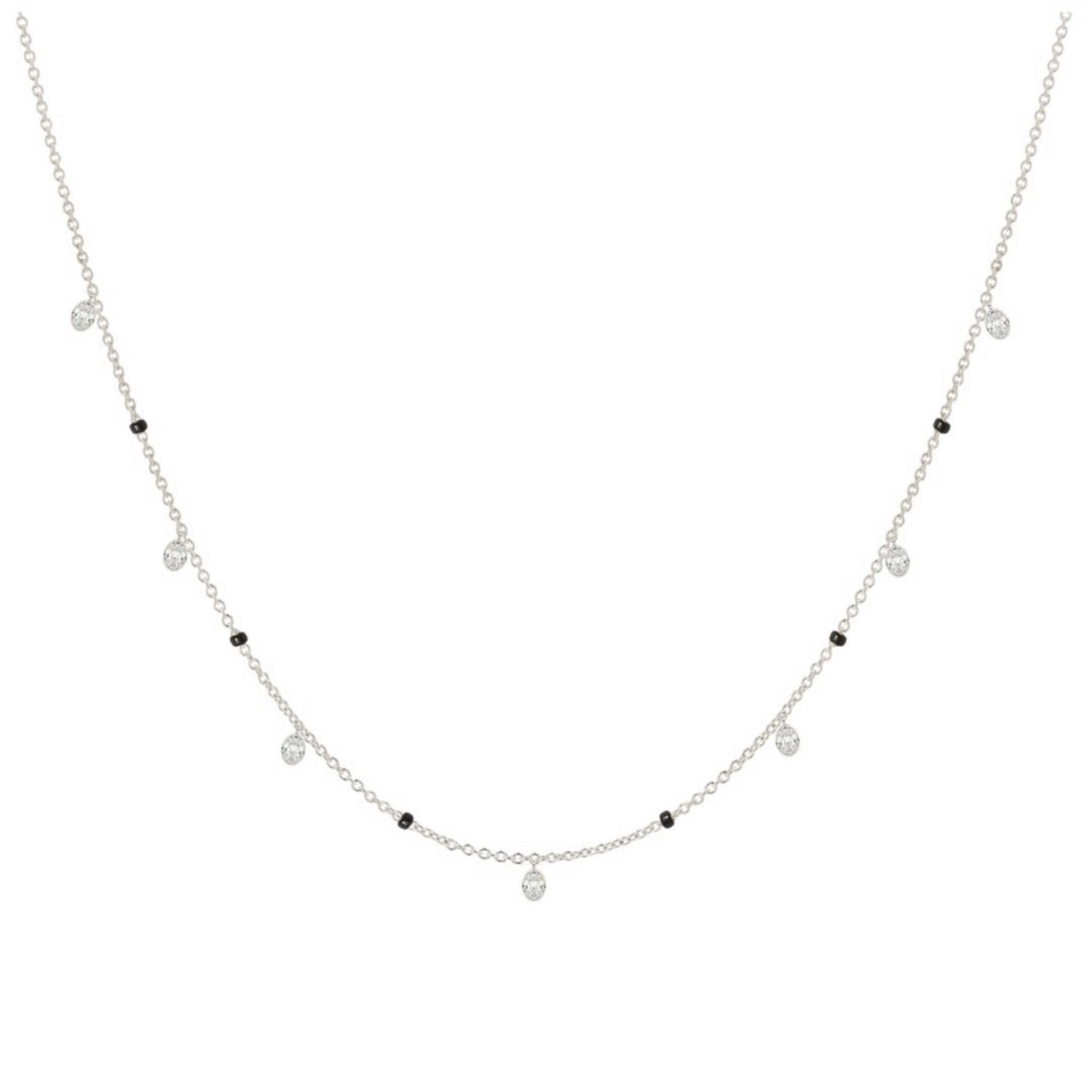 Ashna Necklace in white gold from the Modern Mangal x Ashna Gray Collection, featuring a minimalist design with black bead accents and diamond drops, embodying subtle sophistication.