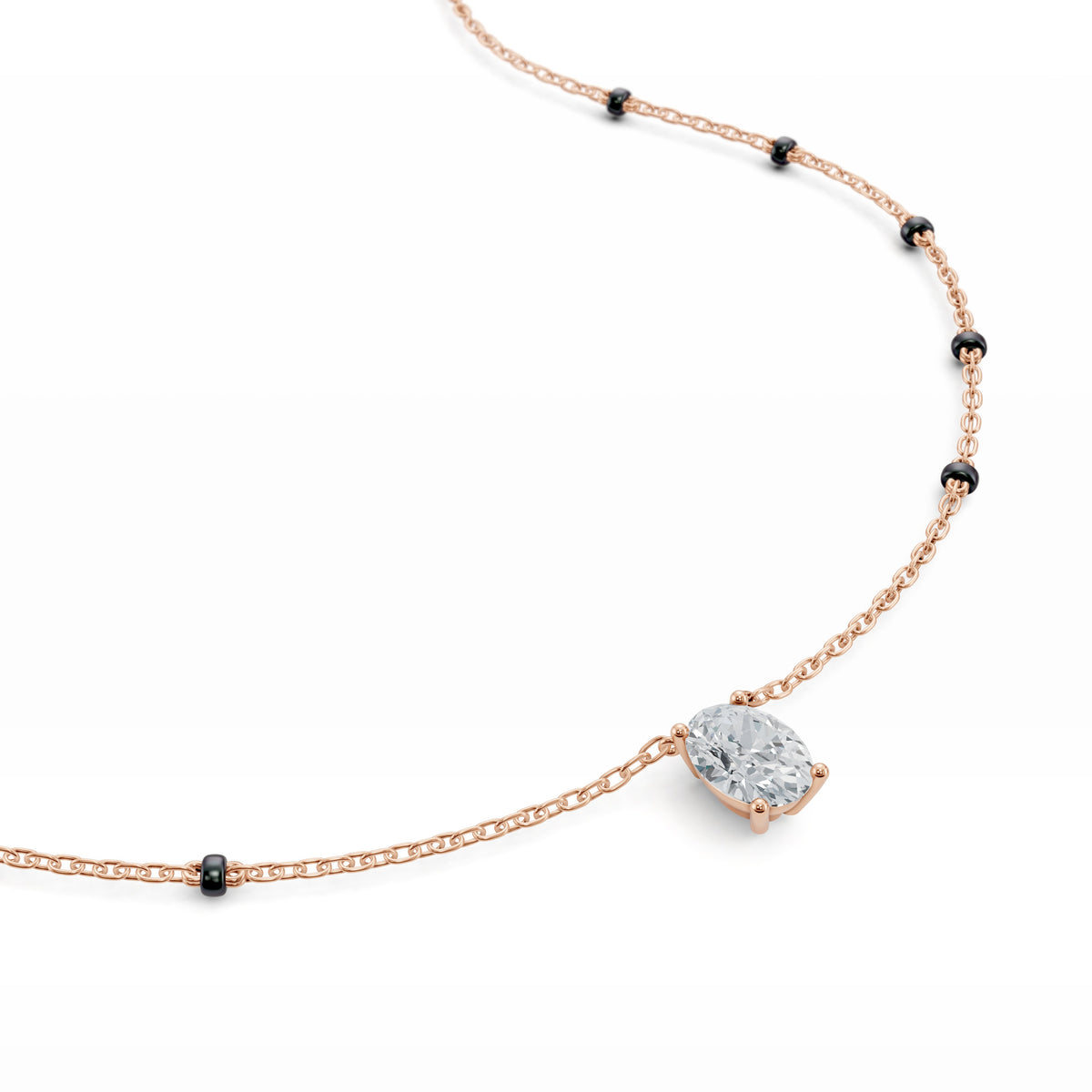 Close-up of the oval lab-grown diamond on the Deepika Mangalsutra in 18K rose gold