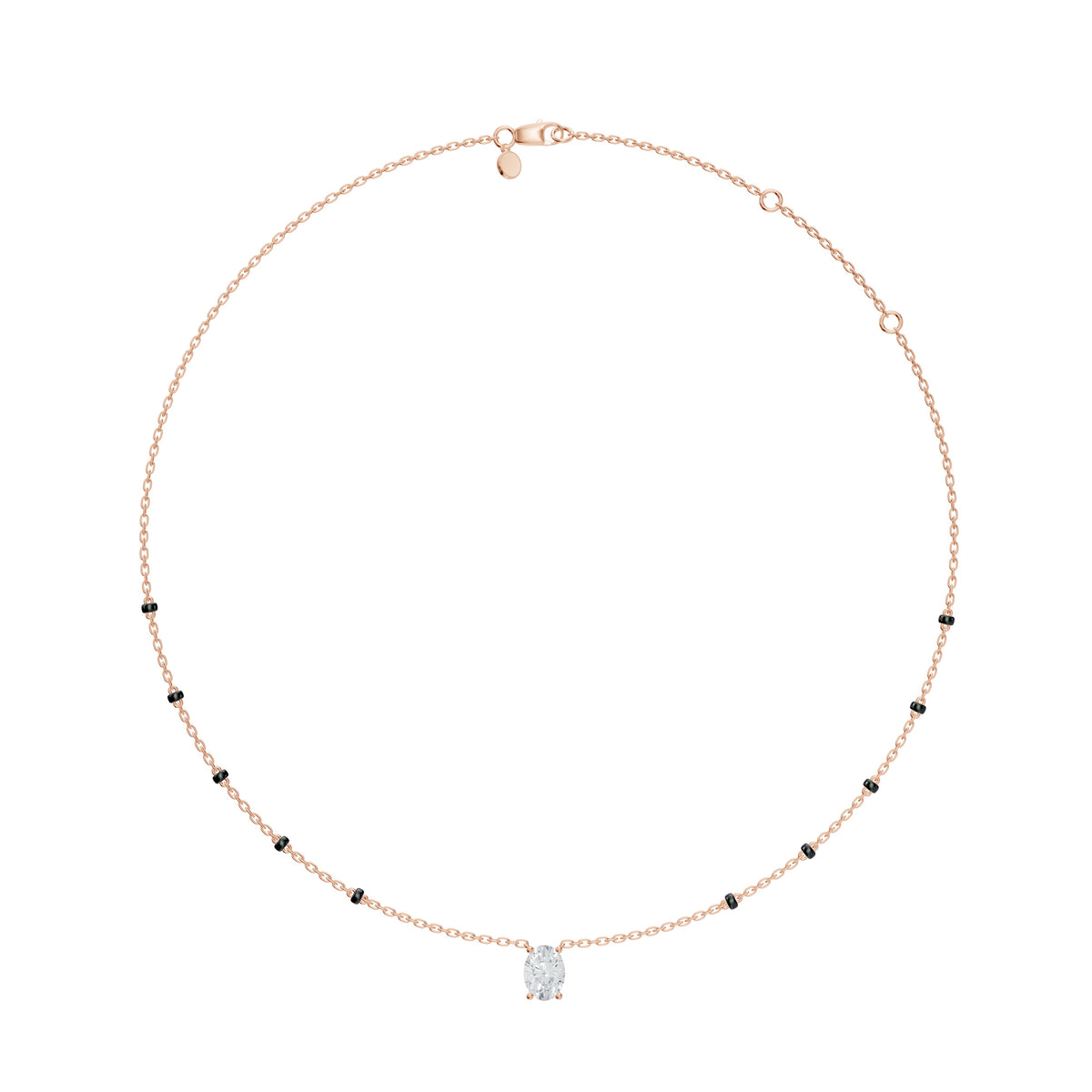 Full-length view of the Deepika Mangalsutra in 18K rose gold on its black bead chain