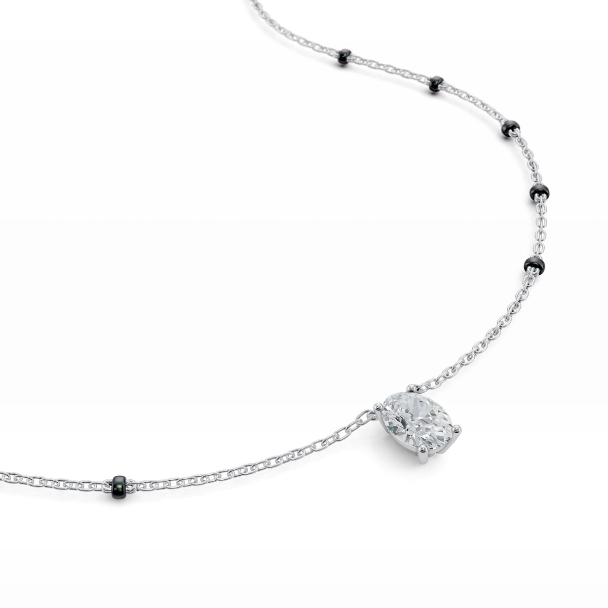 Close-up of the oval lab-grown diamond on the Deepika Mangalsutra in 18K white gold